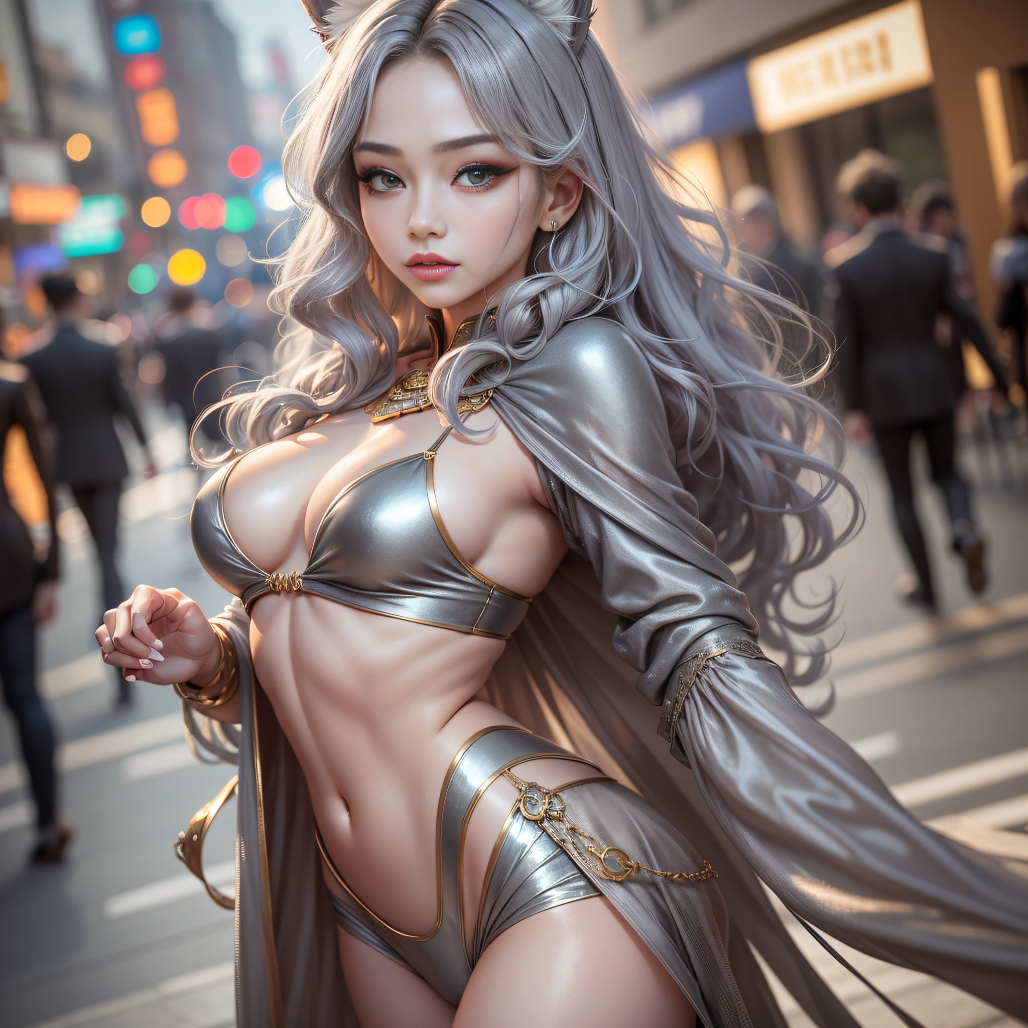 extremely detailed CG Unity wallpaper 8k, (masterpiece), (best quality), (ultra-detailed), (ultra-realistic), (best character details: 1.36), nikon d750 f / 1.4 55mm, dynamic angle, professional lighting, photon mapping, radiation, physical rendering, outdoor, busy street, looks at the viewer, blush, 1 girl, young woman, tall body, golden proportions, (Kpop idol), (shiny skin: 1.2), (oily skin: 1.1), makeup, [:(Face Detail:1.2):0.2]:,PureErosFace_v1, ((Wavy Gray Hair & Refined Sense of Style)),(Egyo Sal:1),(Puffy Eyes),(Eyelashes:1.1), (Lips Parted: 1.1), Red Lipstick, Broad Shoulders, (Medium Chest: 1.1), (Décolleté: 1.1), Animal Ears, (Big Butt: 1.2), Hips,Silk Coat, Song, Song Dynasty, Song Clothes, --auto --s2