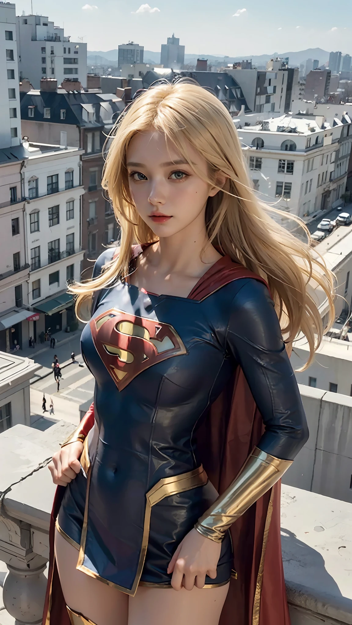 Woman defined body,blonde hair,21 years old,large breasts, dress (costume Supergirl cosplay), terrace of 1 building, view of other buildings