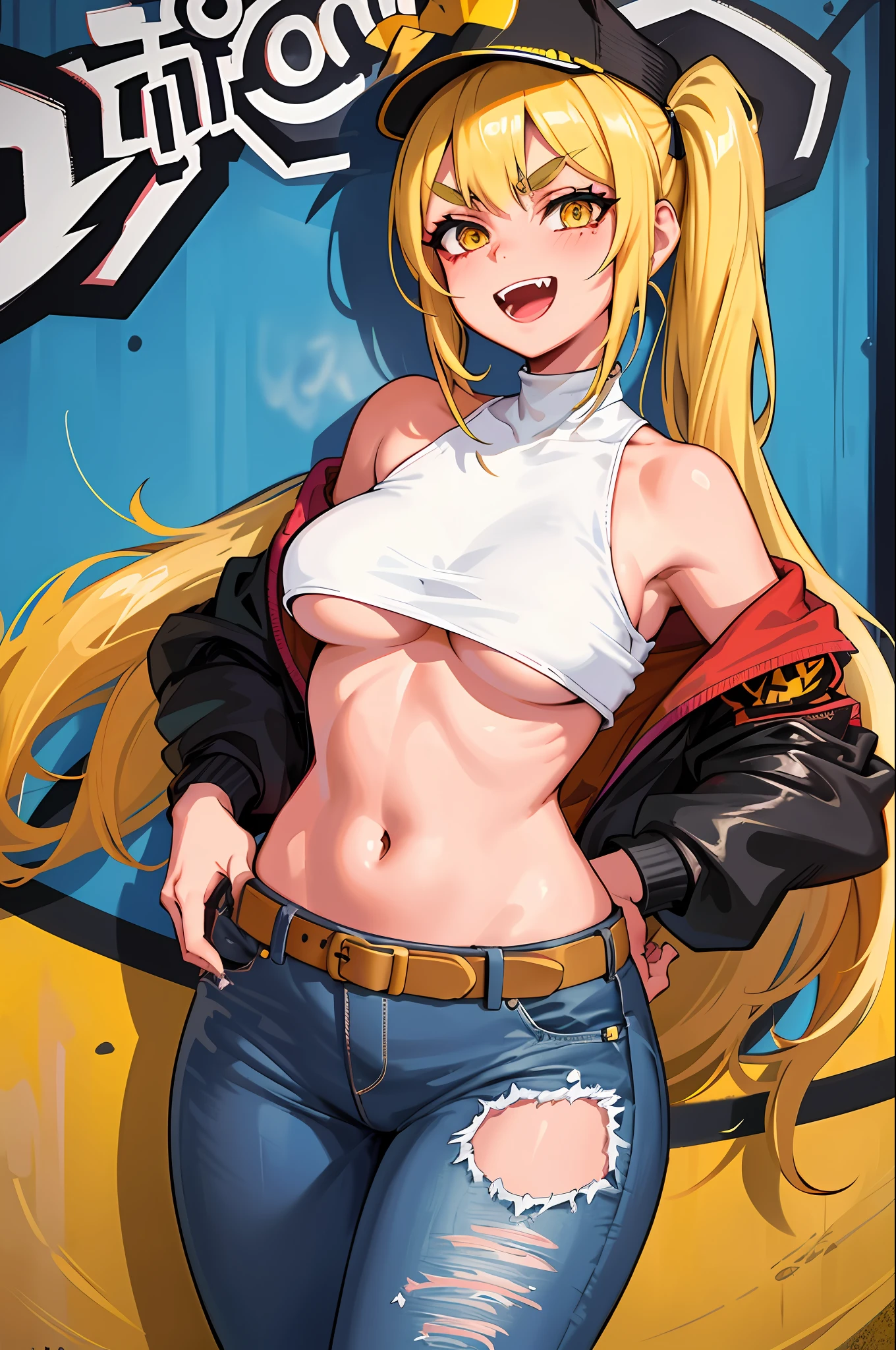 Original Character, Volumetric Lighting, Best Shadows, Shallow Depth of Field, Portrait Of Stunningly Beautiful Girl, Petite, Delicate Beautiful Attractive Face With Alluring Yellow Eyes, Messy Painted Face, Sharp Eyebrows, Broadly Smiling, Open Mouth, Fangs Out, Lovely Medium Breasts, Layered Long Twintail Blond Hair, Blush Eyeshadow, Thick Eyelashes, Applejack Hat, Oversized Pop Jacket, Mini Underboob Tee, Open Navel, Slim Waist, Denim Jeans Pants, With Buckle Belt, In The Graffiti Alley, Waste Container, Outside Stairs, Outdoor Unit, Holding Spray Paint Can, Standing, (Highest Quality, Amazing Details:1.25), (Solo:1.3), Brilliant Colorful Paintings