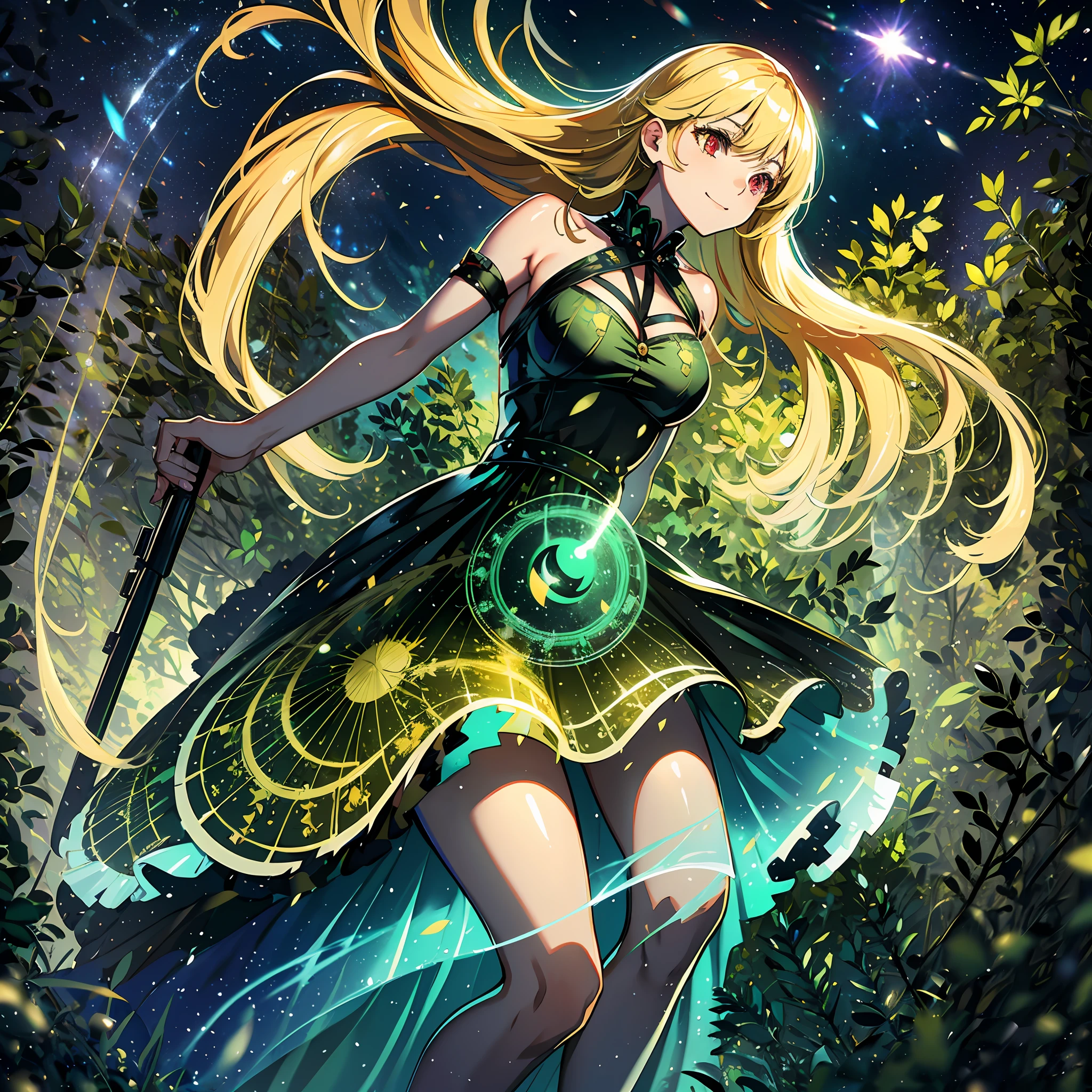 extremely detailed CG unity 8k wallpaper, masterpiece, best quality, 1girl, solo, (loli), full body, smile, shotgun, (holding a shotgun:1.1), shotgun, trigger discipline, Fujifilm XT3, (blonde hair:1.2), long hair, disheveled hair, long bangs, hairs between eyes, (flying musical notes:1.28), ray tracing, medium breasts, glowing eyes, red eyes, (halter dress), black dress with golden patterns, leaves, (in the forest), nature, (detailed moonlight), (detailed forest), night, detailed beautiful sky, magic circle, (green power)