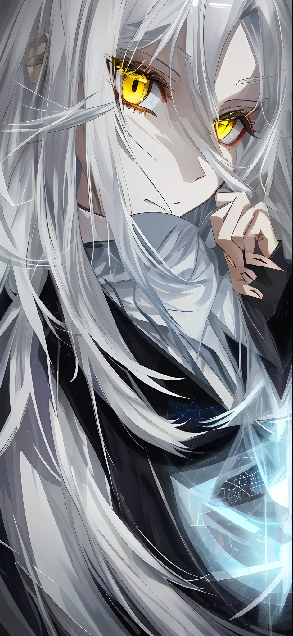 Yellow eyes, silver hair, wolf ear, poker face, 1girl, 1face, looking at viewer, slightly closed eyes, focused eyes