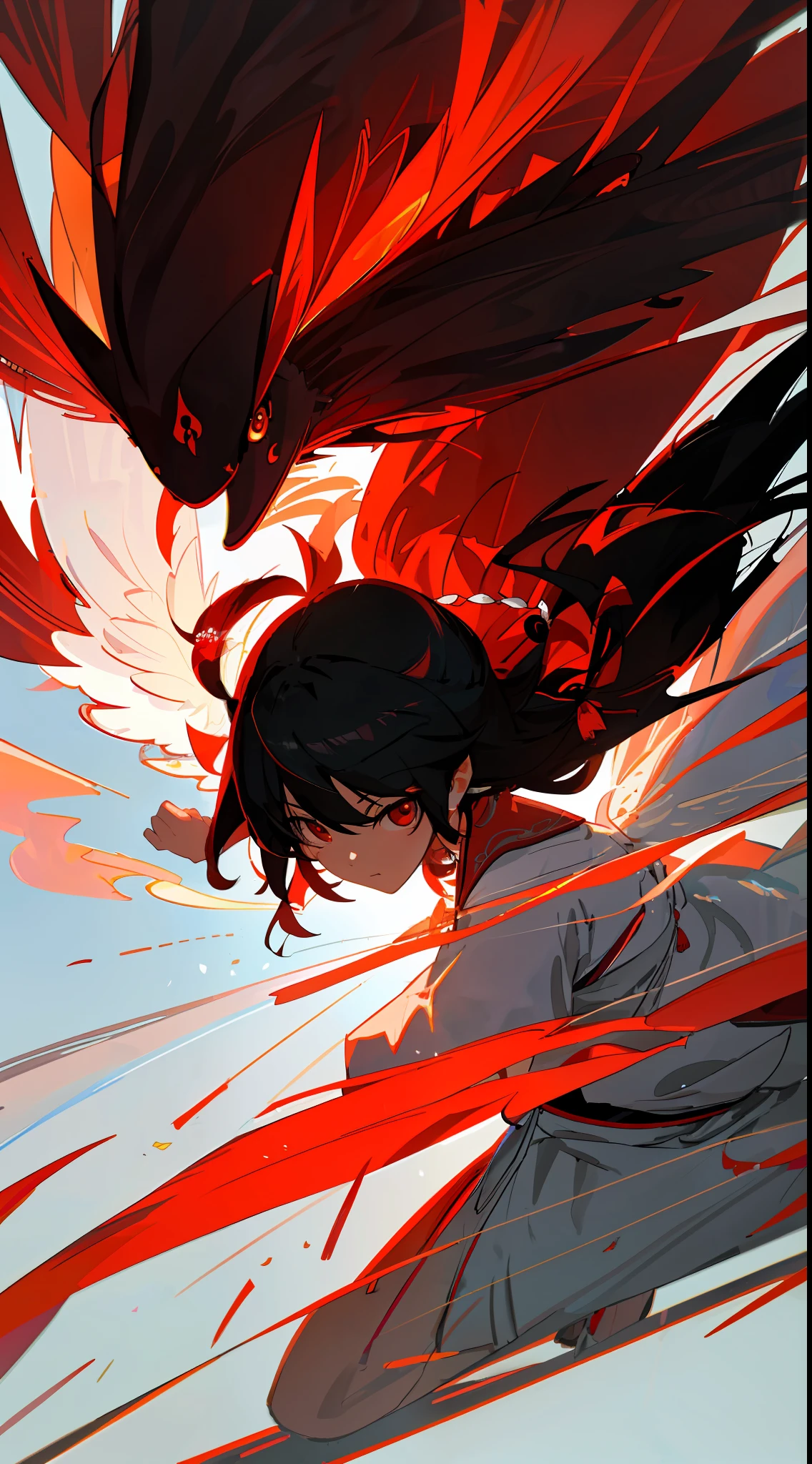 masterpiece, best quality, ultra-detailed, CG illustration, high resolution, better lighting, best shadow, extremely delicate and beautiful, appropriate shading, HD, 8k, ray tracing, hyper detailed and sharp background, perfect lights, anime style, Inspired by the game Mahokenshi: House of Ruby (Tengu, winged mountain kami, aggressive, red and white colors), strength, samuraipunk, solo, 1 woman, black hair, red eyes, adult, obi tassel,