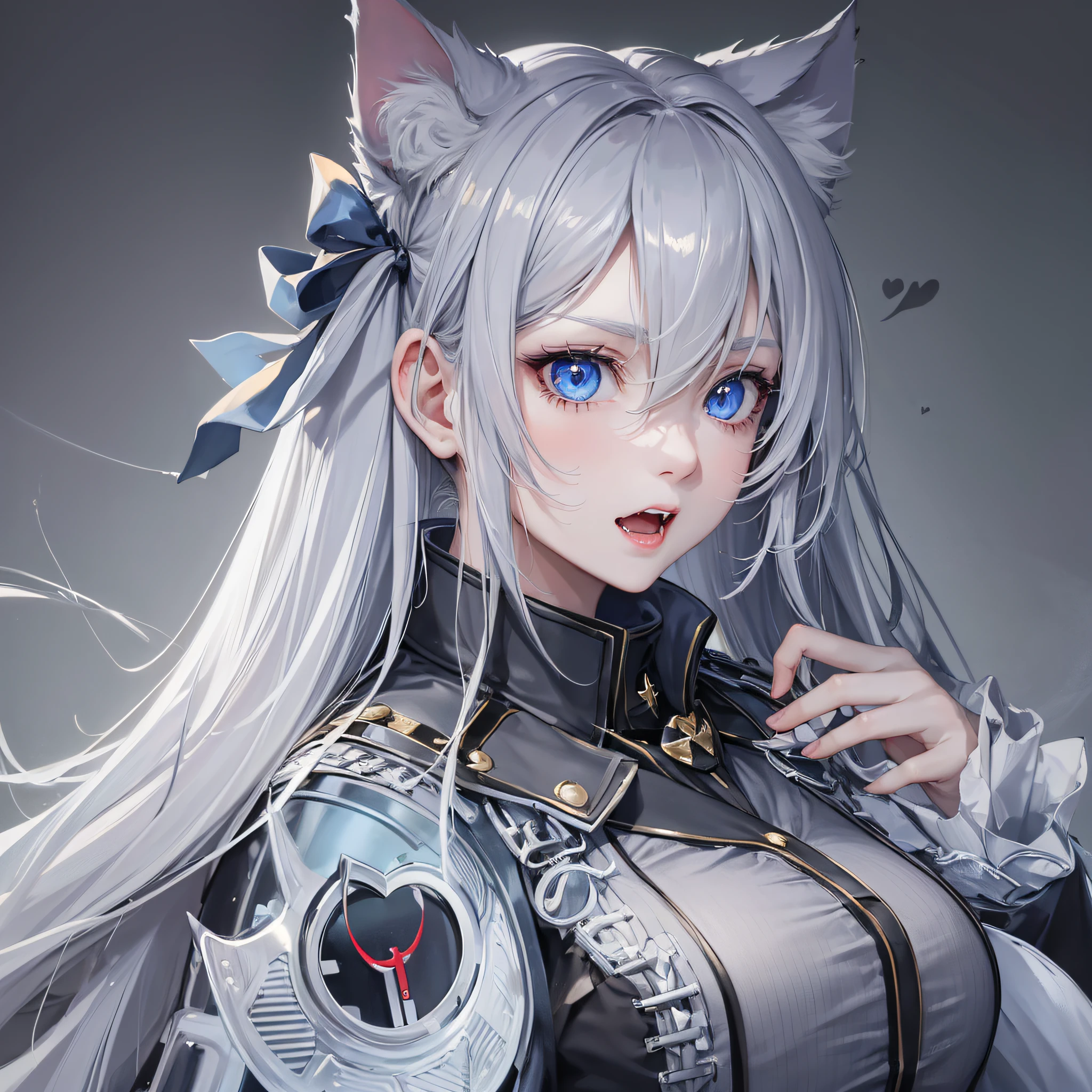 One girl, big, military uniform, long gray hair, pale skin, heart-shaped light blue eyes, fangs, cat ears, --auto --s2