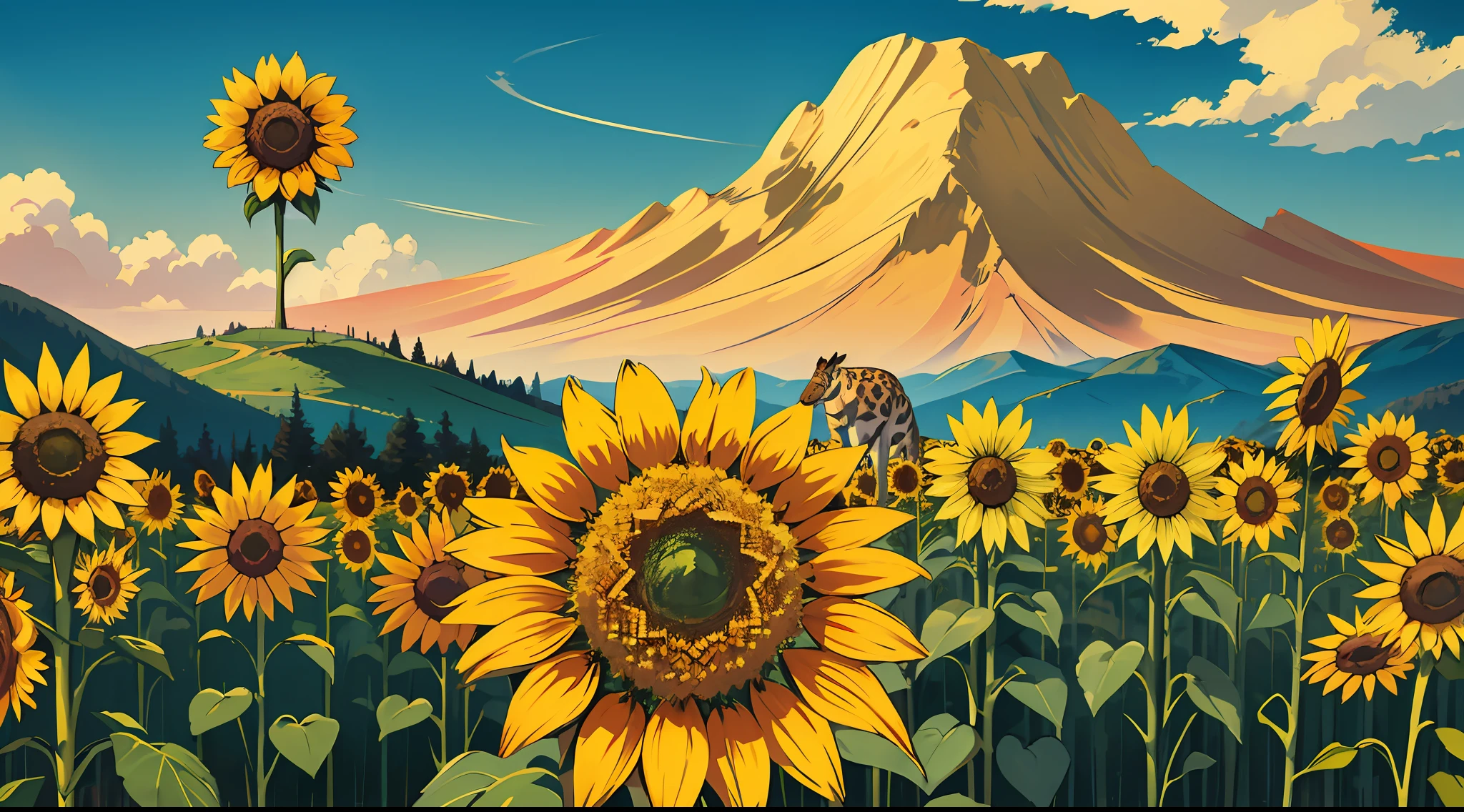 The foreground is a golden sunflower, which is required to be particularly brilliant; There is an illusory mountain in the distance, a bit magical, a road winding to the peak, and there is a giraffe on the way --auto --s2