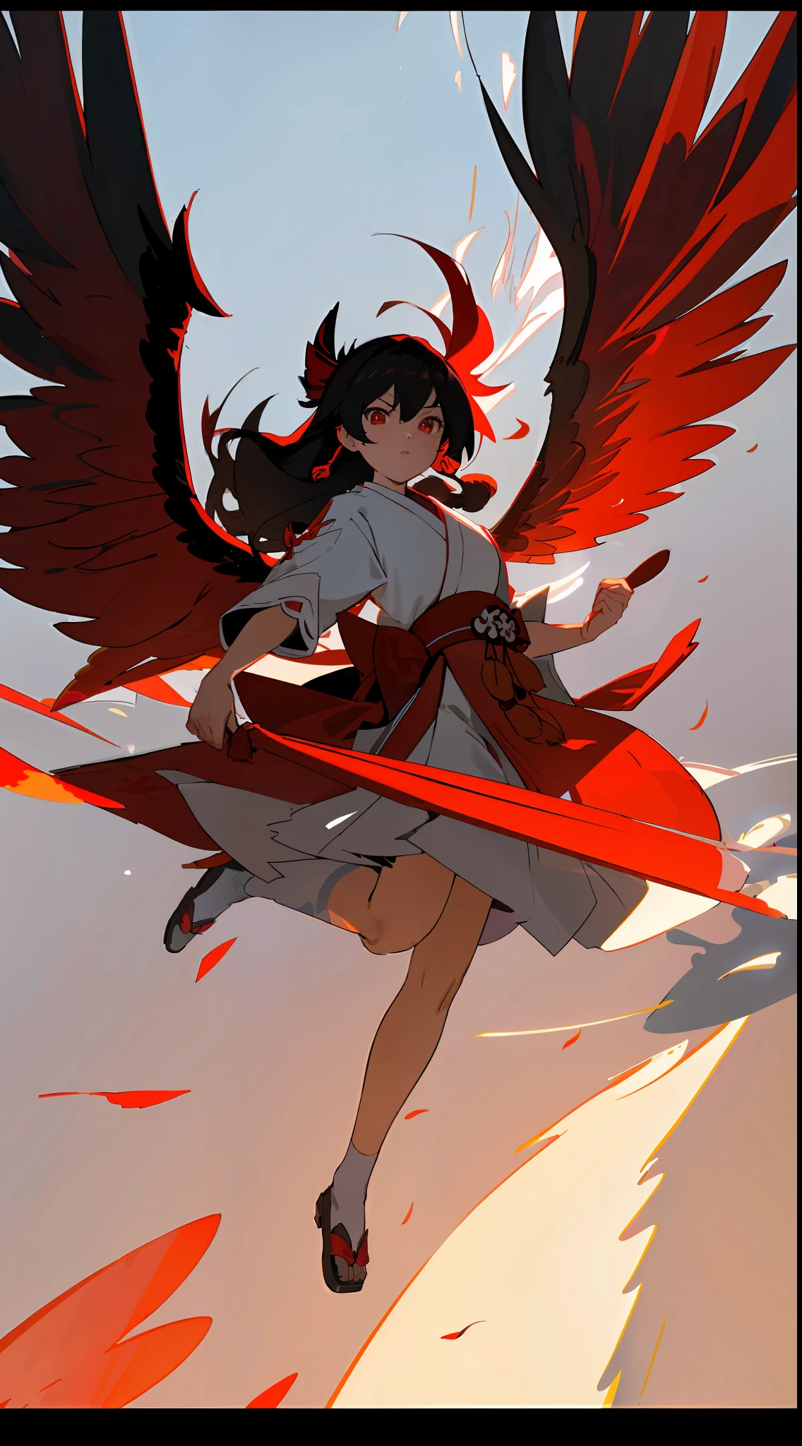 masterpiece, best quality, ultra-detailed, CG illustration, high resolution, better lighting, best shadow, extremely delicate and beautiful, appropriate shading, HD, 8k, ray tracing, hyper detailed and sharp background, perfect lights, anime style, Inspired by the game Mahokenshi: House of Ruby (Tengu, winged mountain kami, aggressive, red and white colors), strength, samuraipunk, solo, 1 woman, black hair, red eyes, adult, obi tassel,