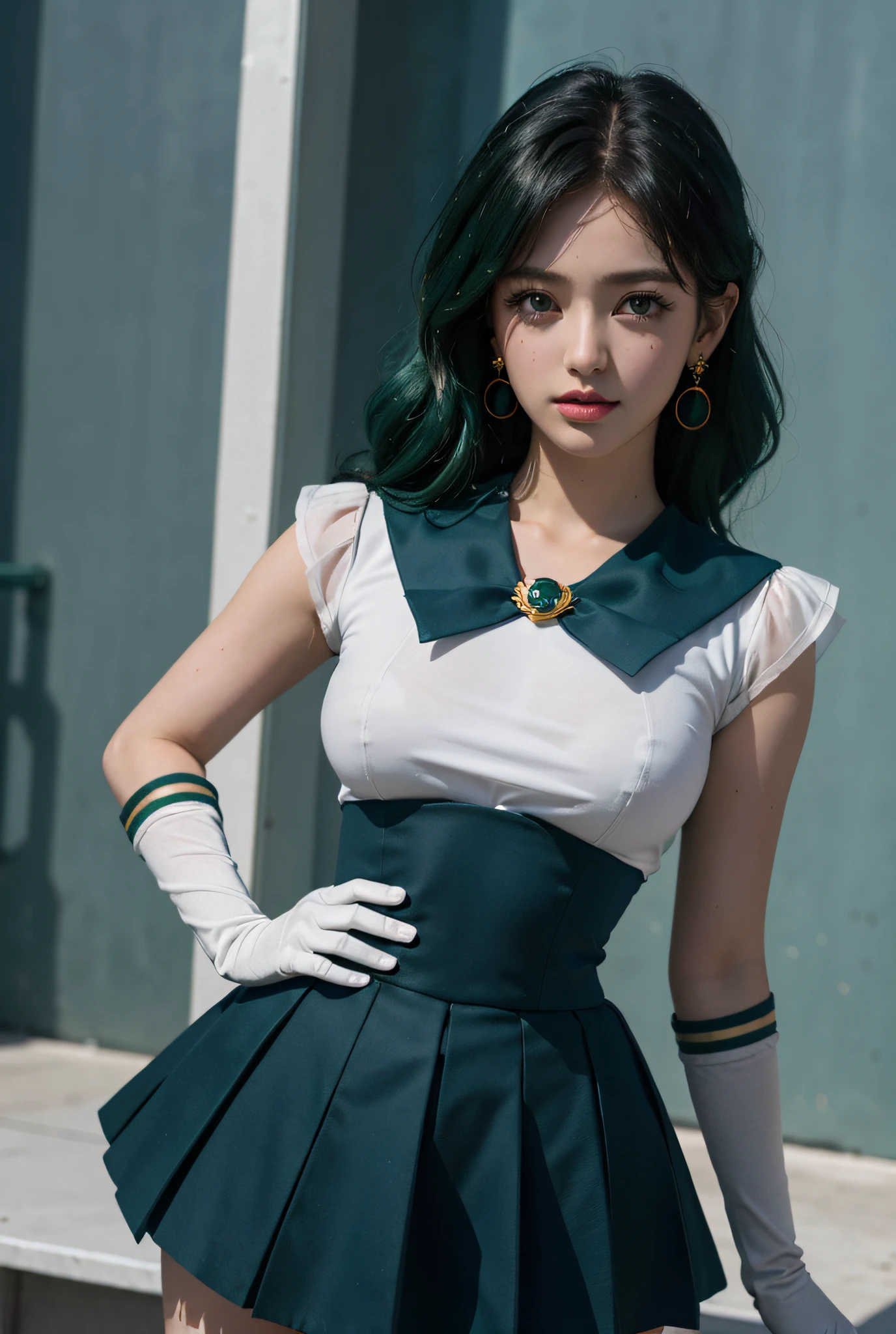 close-up, 1girl, sailor neptune, (sailor senshi uniform:1.2), (aqua eyes:0.9), dark green hair, medium hair, plead skirt, best quality, earrings, masterpiece, high resolution, intricate details, (( realistic )), photographic, (white elbow gloves:1.1), jewelry, Medium breast, full body, Dynamic background, dynamic posture, high heels,