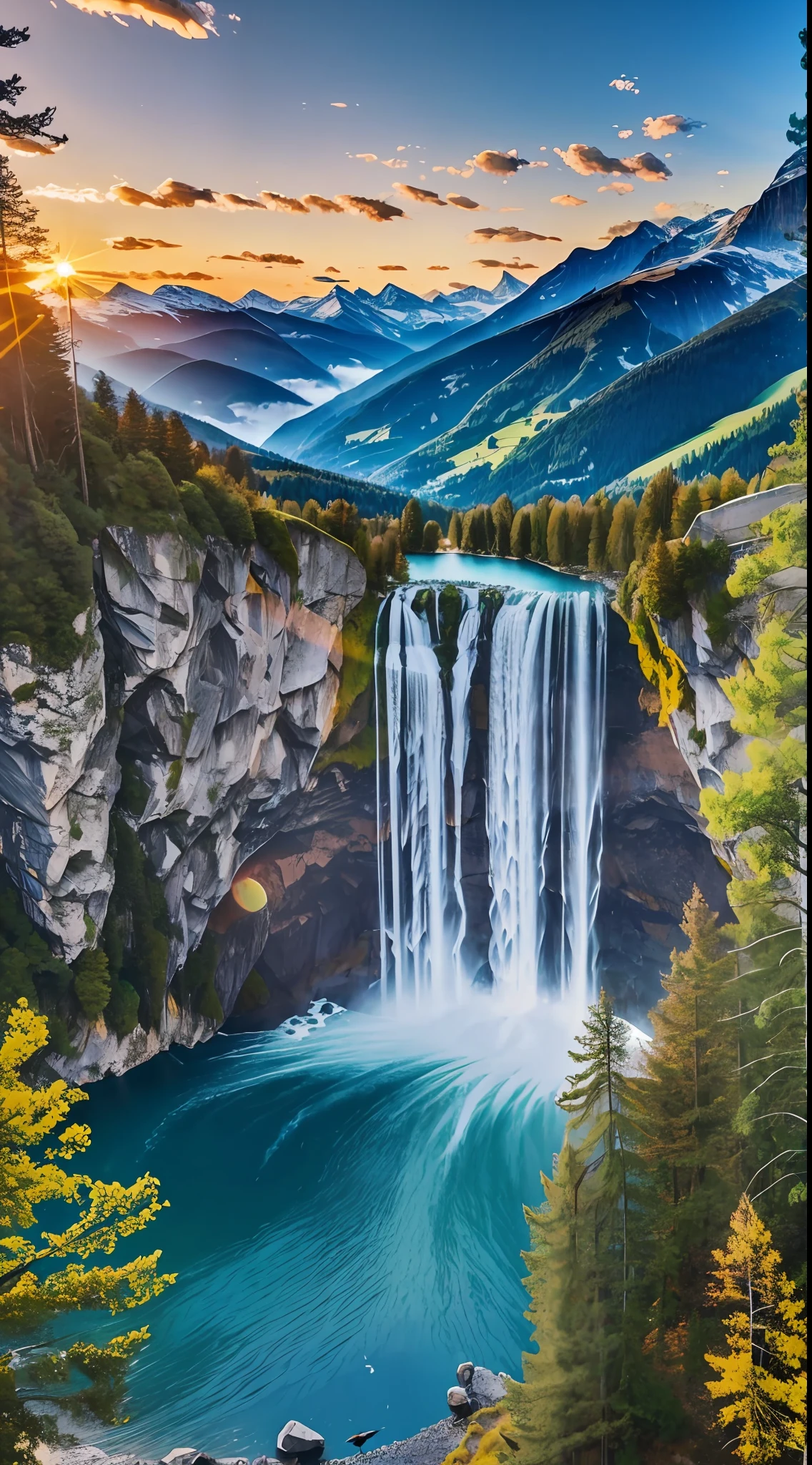 Cozy landscapes, beautiful waterfall, sunset mountains, birds, super realistic photography, 8k Mountains of Europe, Switzerland, highly realistic. --auto --s2