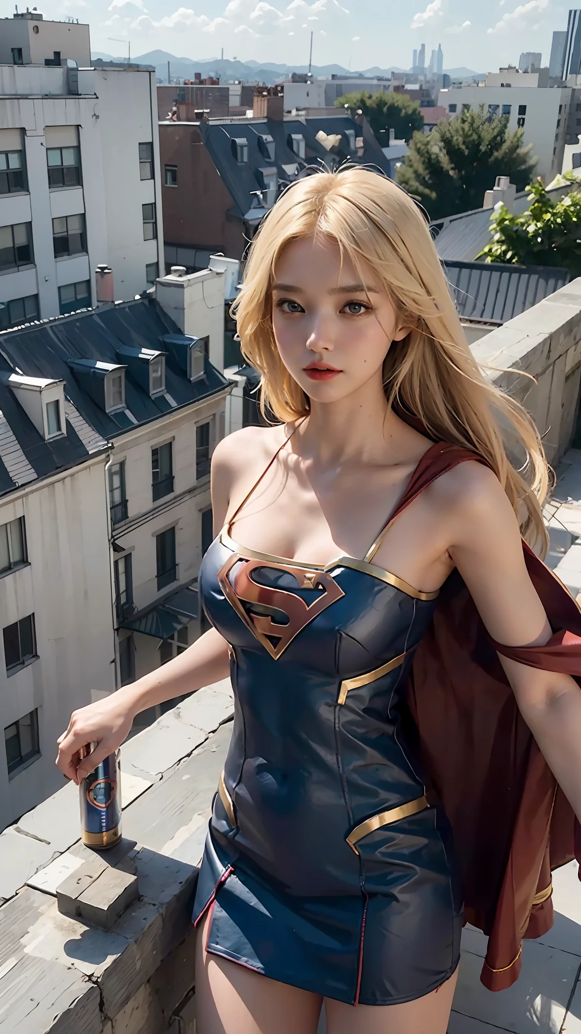 Woman defined body,blonde hair,21 years old,large breasts,dress (supergirl tube dress), terrace of 1 building, view of other buildings