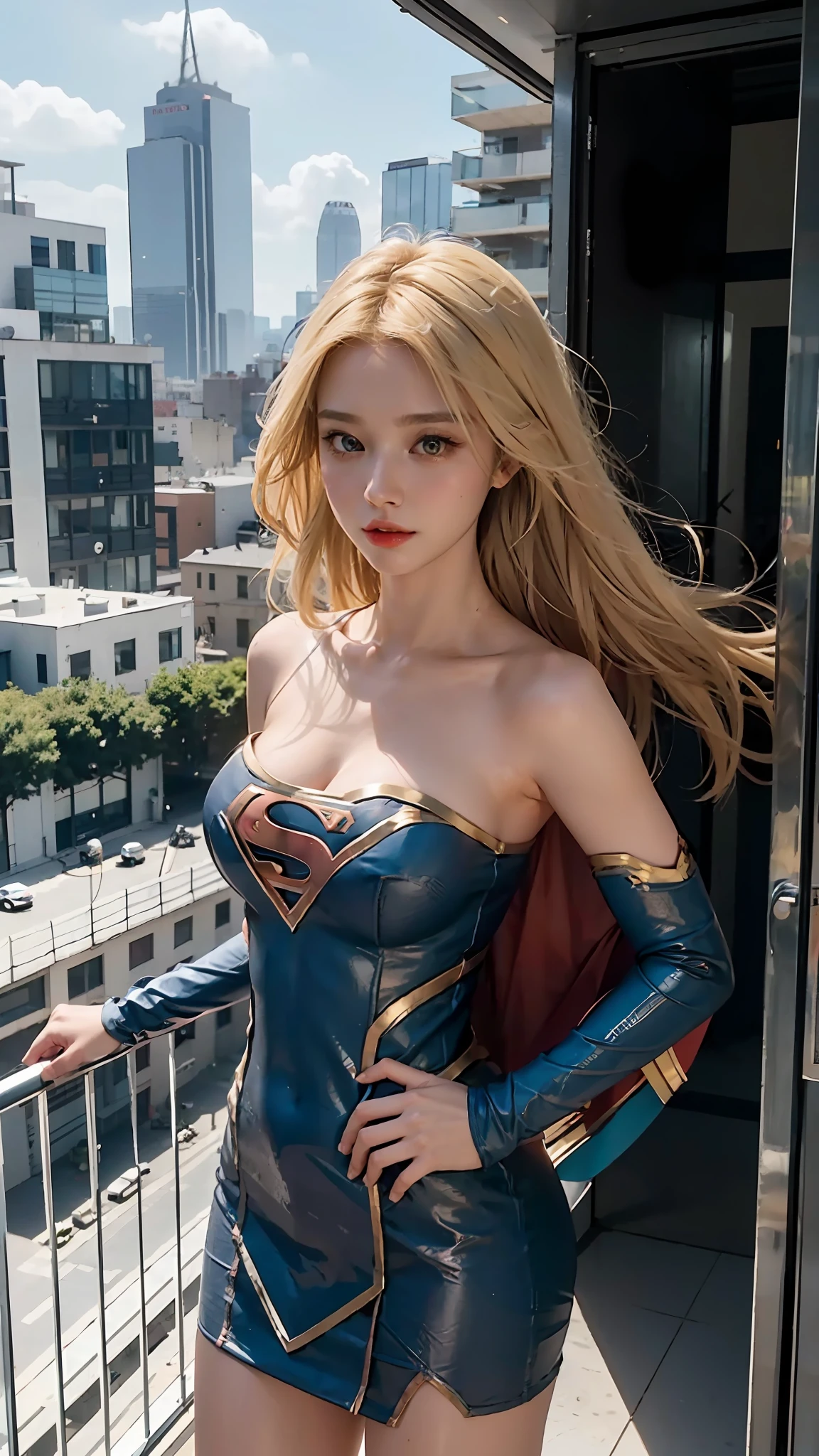 Woman defined body,blonde hair,21 years old,large breasts,dress (supergirl tube dress), terrace of 1 building, view of other buildings