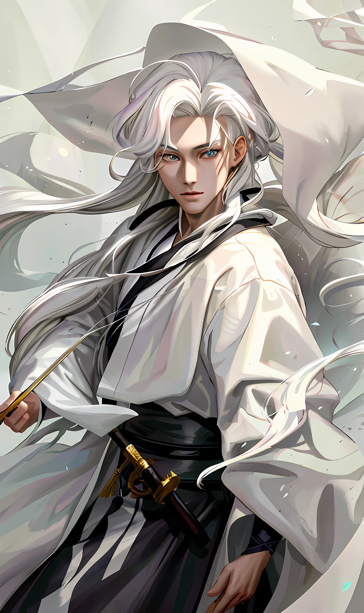 Close-up of a long haired man holding a sword, white hanfu, black embroidery, demon killer, handsome guy in art, long white hair, long white hair, white hair god, flowing hair and robes, beautiful character painting, anime character art, anime characters, detailed anime character art, male anime characters, white hair, flowing white hair, super clear, 3D effect, ink wind