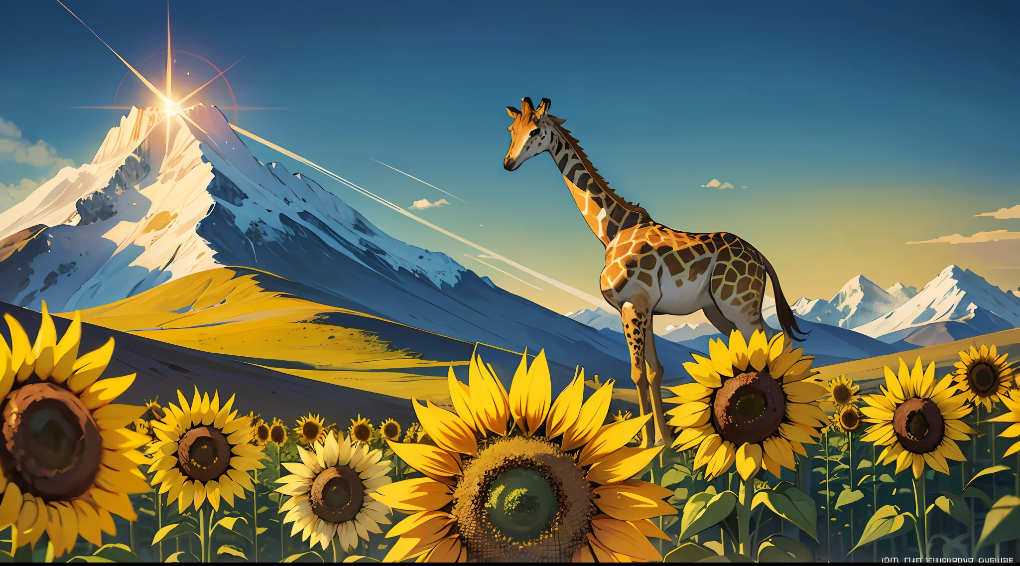 The foreground is a golden sunflower, which is required to be particularly brilliant; There is an illusory mountain in the distance, a bit magical, a road winding to the peak, and there is a giraffe on the way --auto --s2