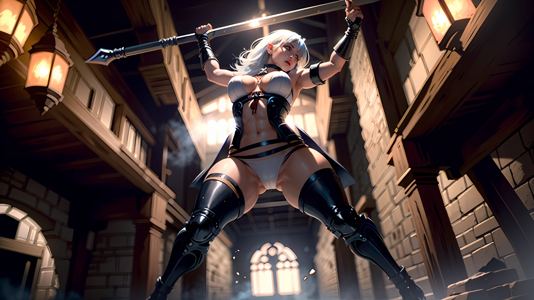 Female warrior tied up in dungeon, fire emblem beles, mature woman, sensual, muscular, white panties, white bra, increase skin exposure, restraint, bondage, angry face, sweat, tears, suffering face
