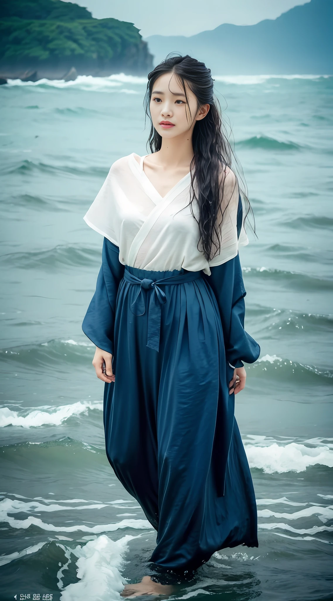 Korean woman, (masterpiece, beautiful person, sad demeanor), virtual YouTube, detailed skin texture, detailed cloth texture, exquisite and detailed face, masterpiece, collarbone, slender waist, slimming, tears, sadness, despair, 10,000 years ago, in the vast sea of wind and waves, ancient canoes floated on the waves, women standing on canoes, hair and clothes wet by the sea and fluttering with the wind, (wet through: 1.5), (wet hair: 1.4), (period costume, (white gauze clothes), Hanfu, immortals, immortals,), camera shot from ten meters away, ((full body shot, wide angle lens)), on the ocean, in the rain, wet hair, low-tied long hair, crossover,