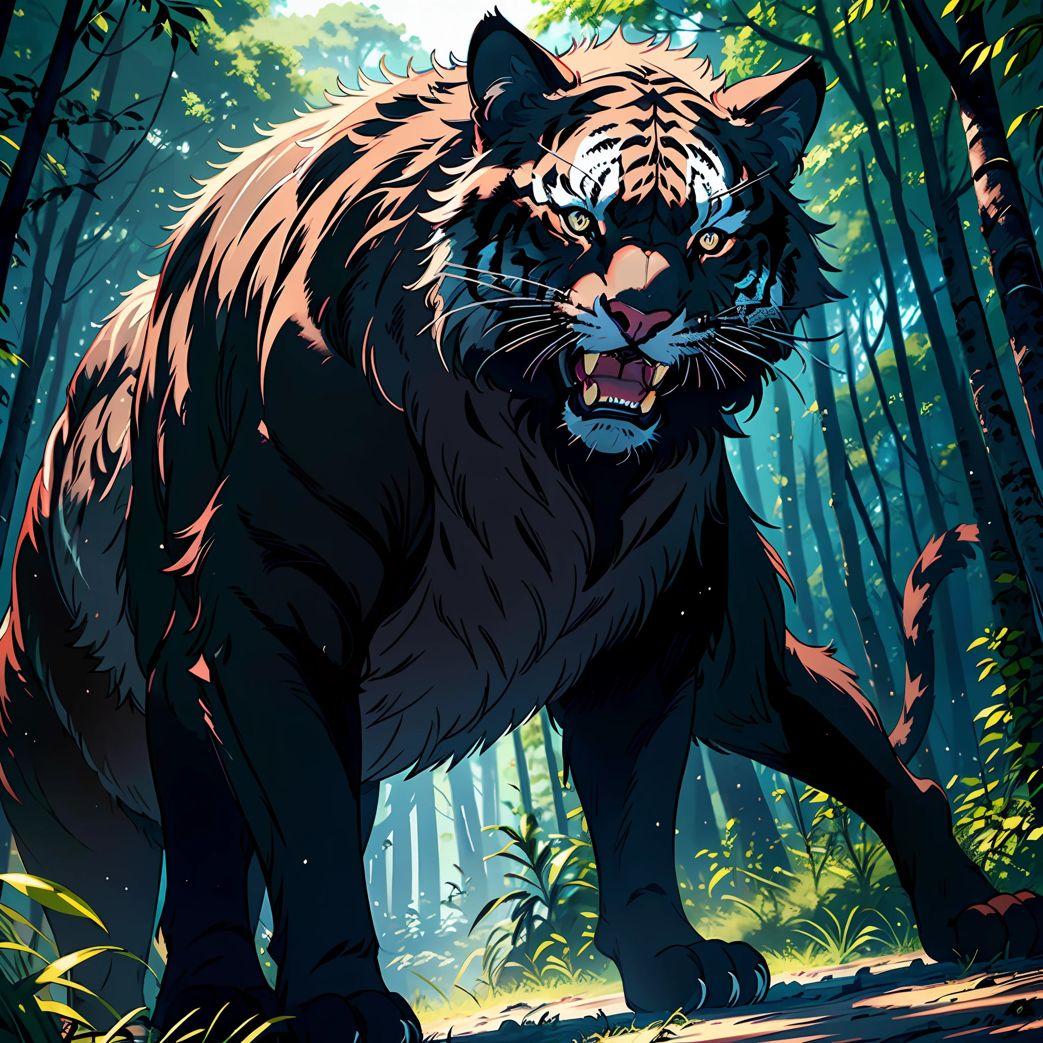 A black tiger, open its mouth, show its fangs, tall and powerful, strong limbs, mighty and domineering, forest, full body photo, (with all black fur and delicate fur),
