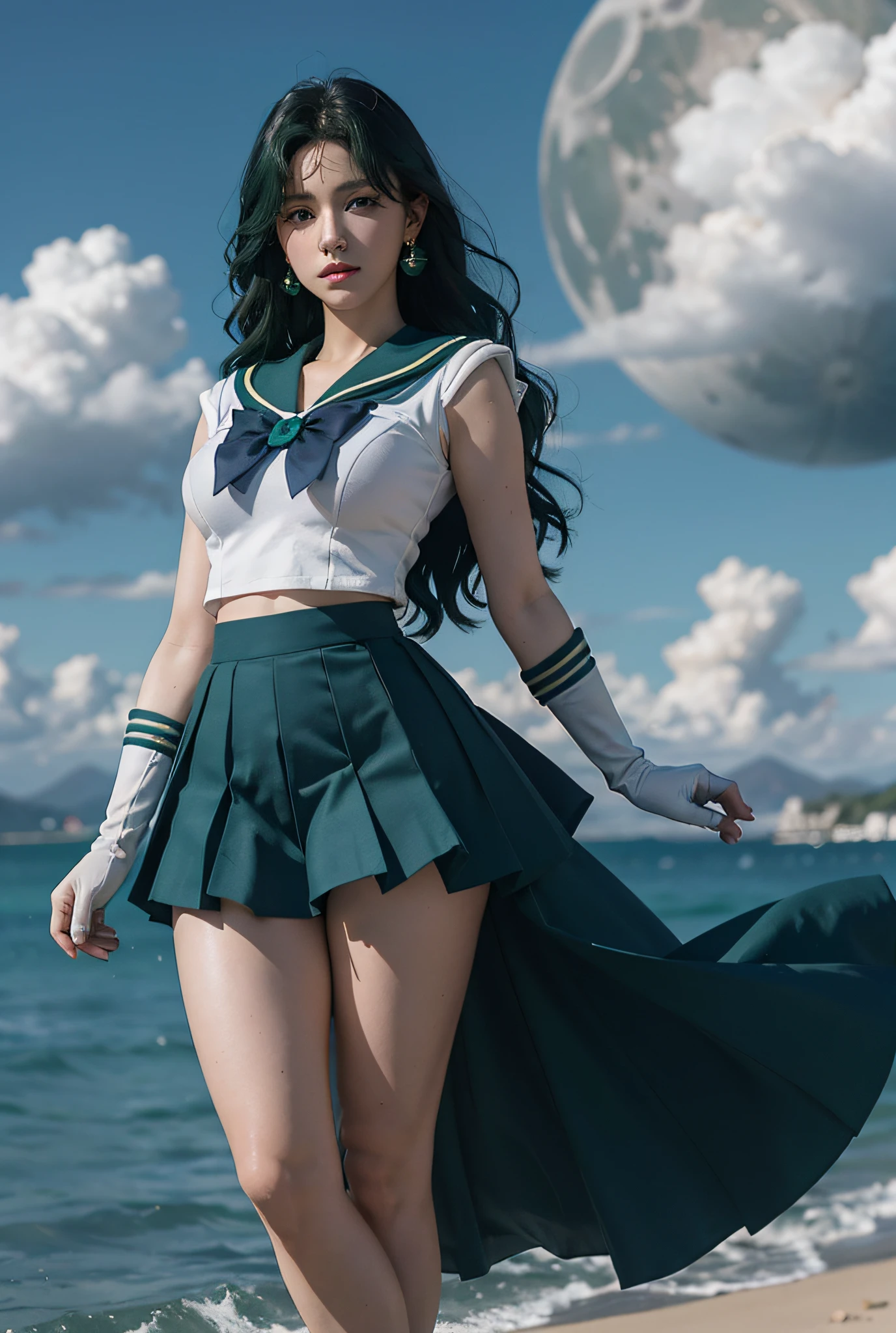 Close up, 1 girl, sailor Neptune, (sailor senishi uniform:1.2), (aqua eyes:0.9), dark green hair, medium hair, wedge skirt, best quality, earrings, masterpiece, high resolution, intricate details, (realistic)), photography, (white elbow gloves:1.1), jewelry, big breasts, full body, oversized moon background, dynamic pose, high heels,