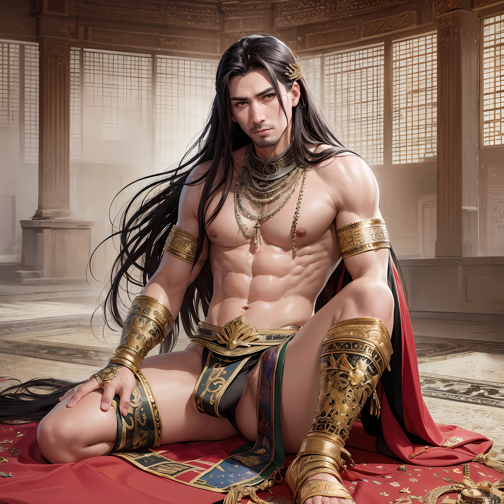 Realistic, Hot muscular male concubine i the ottoman empire on his knees, wearing ancient revealing underwear with long hair and masculine features.Battle scars