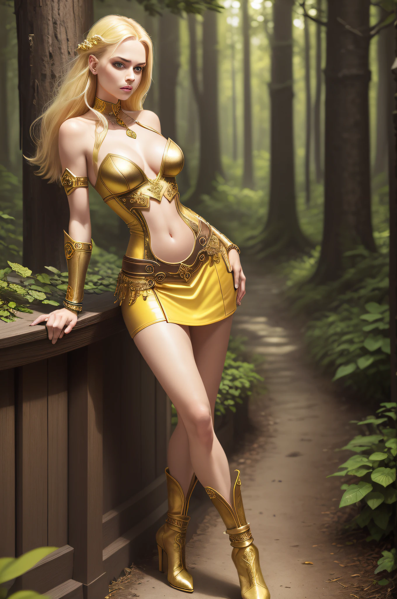 (masterpiece, best quality), beautiful princess, sultry face, 1lady, solo, elaborate skimpy yellow and blue leather dress, blonde hair, sultry green eyes, elaborate forest, gold bracelets, small breasts, narrow hips, standing, boots, viking