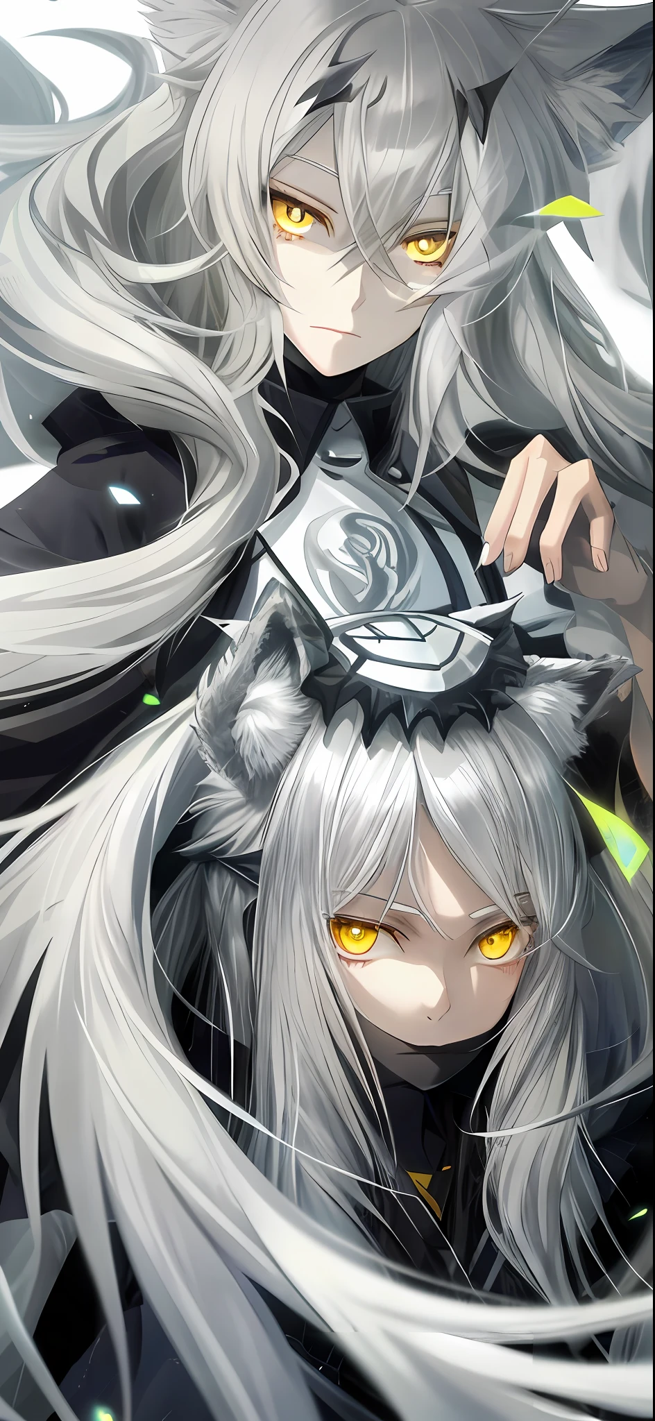Yellow eyes, silver hair, wolf ear, poker face, 1girl, 1face, looking at viewer, slightly closed eyes, focused eyes