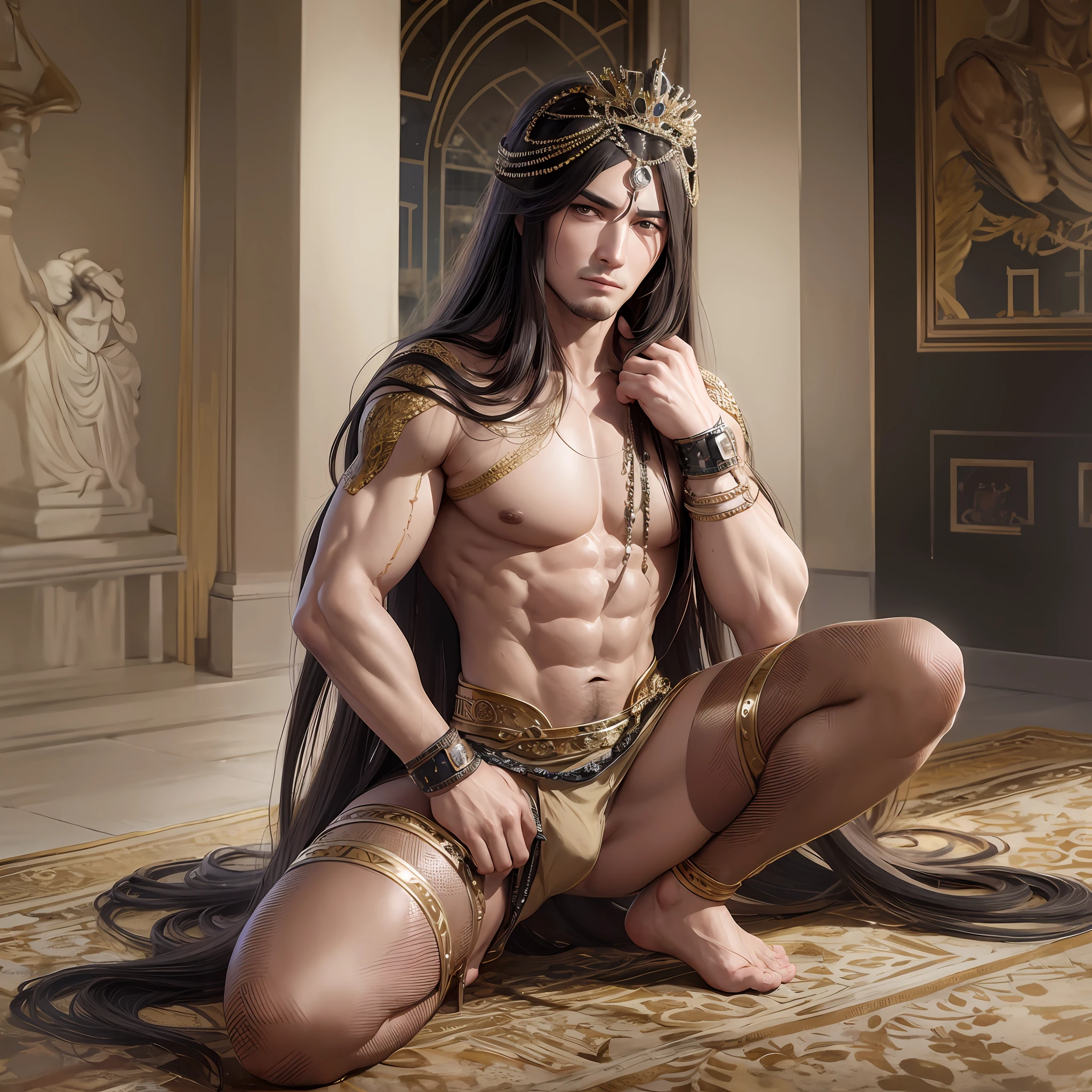 Realistic, Hot muscular male concubine i the ottoman empire on his knees, wearing ancient revealing underwear with long hair and masculine features.Battle scars