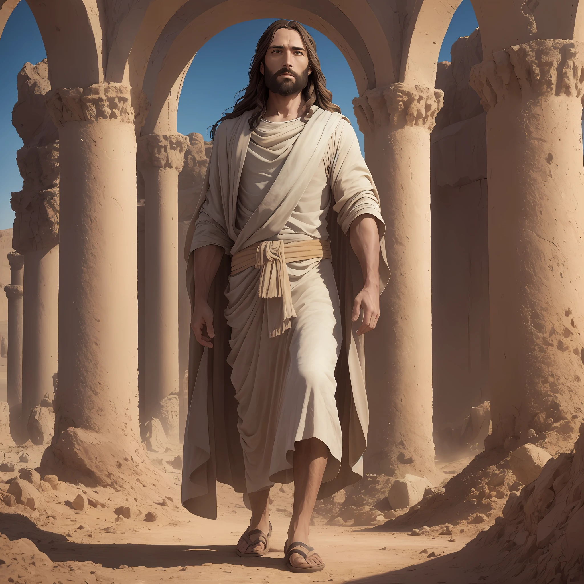 An image of Jesus Christ in the desert, full body, high resolution, picture frame, UHD 8k, realistic, high quality, high detail, backlighting, UHD, high details, best quality --auto --s2
