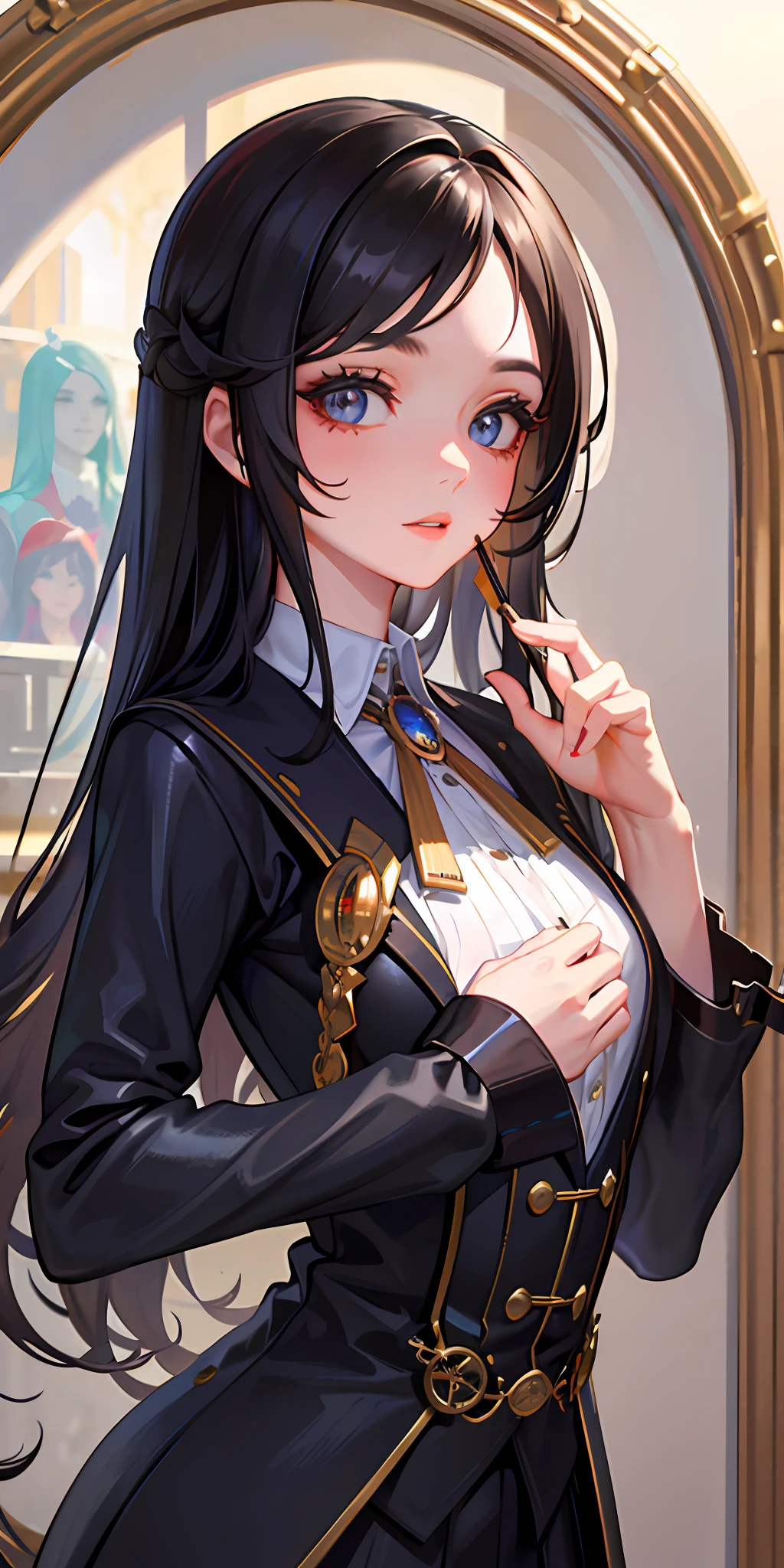 (masterpiece, sidelighting, finely detailed beautiful eyes: 1.2), (masterpiece*portrait), portrait, (bust), realistic, 3d face, lusious skin, ((solo)), (perfect face), (face close-up), scarlet eyes, hanging eye corners, (head and neck length 2 to 1), ((High detail skin, visible pores)), (perfect body), a beautiful steampunk girl with small breasts, School uniform