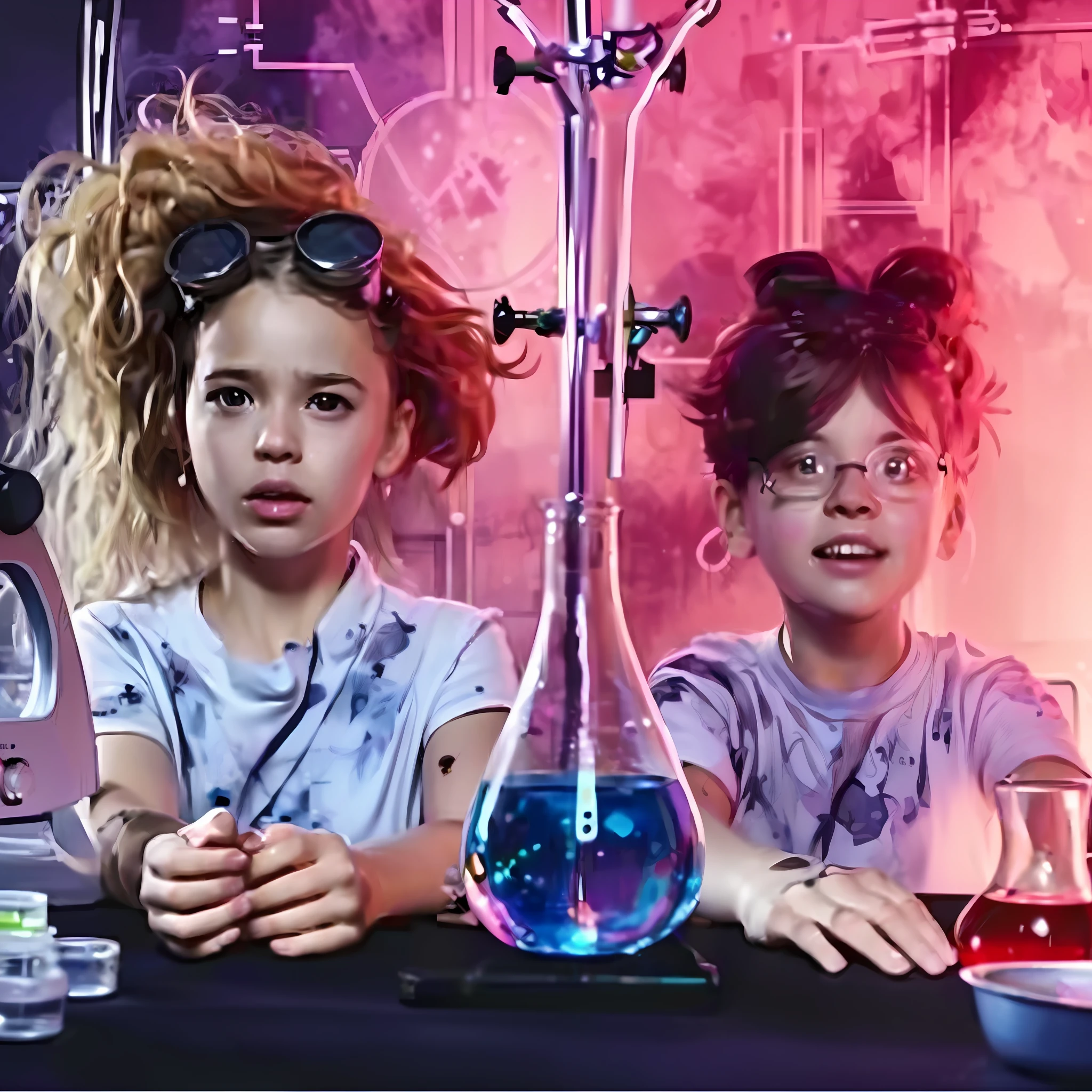 there are two girls sitting at a table with a science experiment, experimenting in her science lab, scientists, mad scientist, science lab, experiment in laboratory, awful experiments, dna experiment, kid and mad scientist walking, russian lab experiment, magic lab background, magic experiment, futuristic chemistry lab, chemisty, experiment, working in her science lab, science, chemistry, experiments