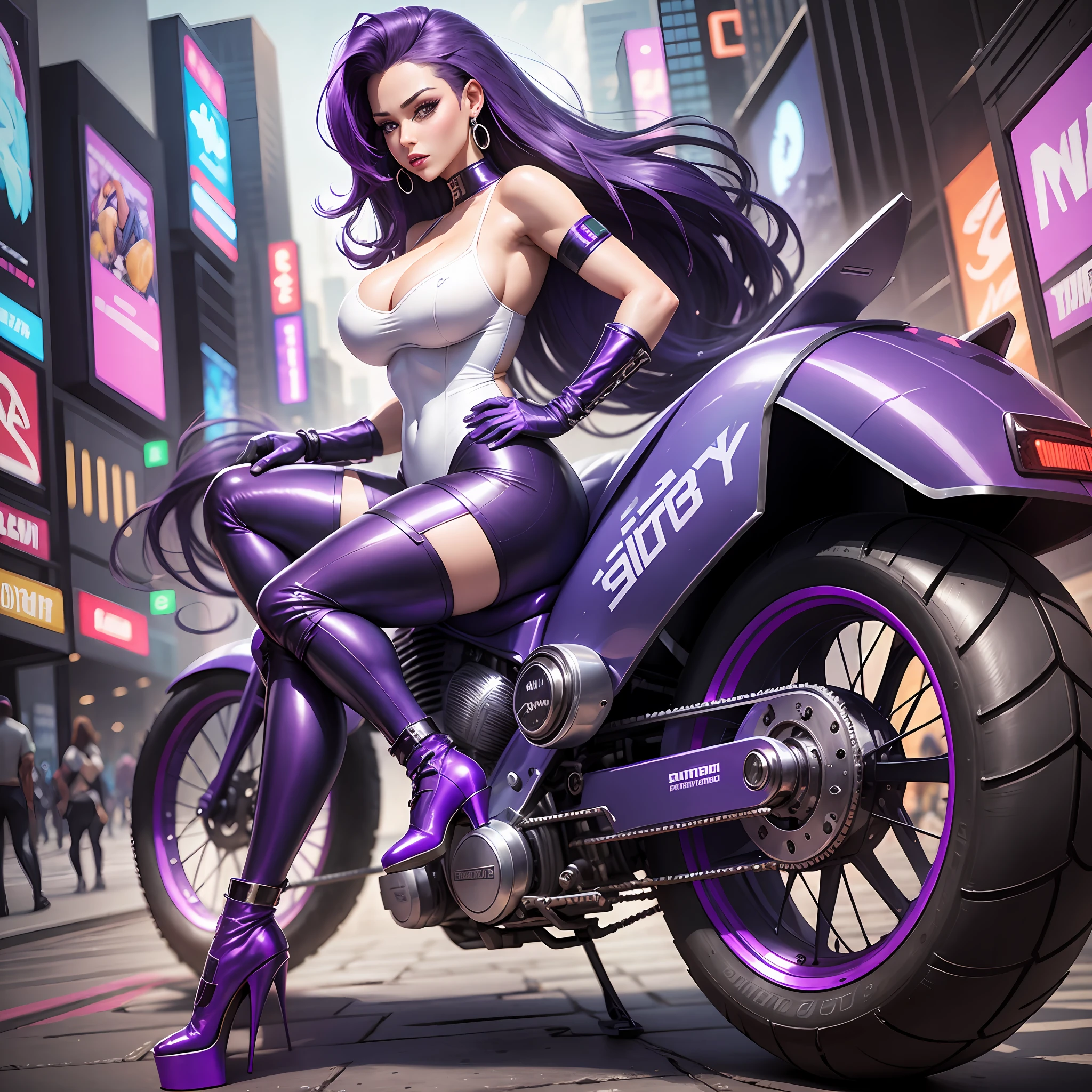 Rarity, Rarity from the cartoon May Pony, Rarity in the form of a girl, Long hair, Lush hair, dark purple hair, twisted hair, voluminous breasts, large breasts, lush breasts, bulging breasts, closed breasts, painted lips, earrings with diamonds, women's boots, in the metropolis, cyberpunk, future, on a motorcycle, sports tight white suit --auto --s2