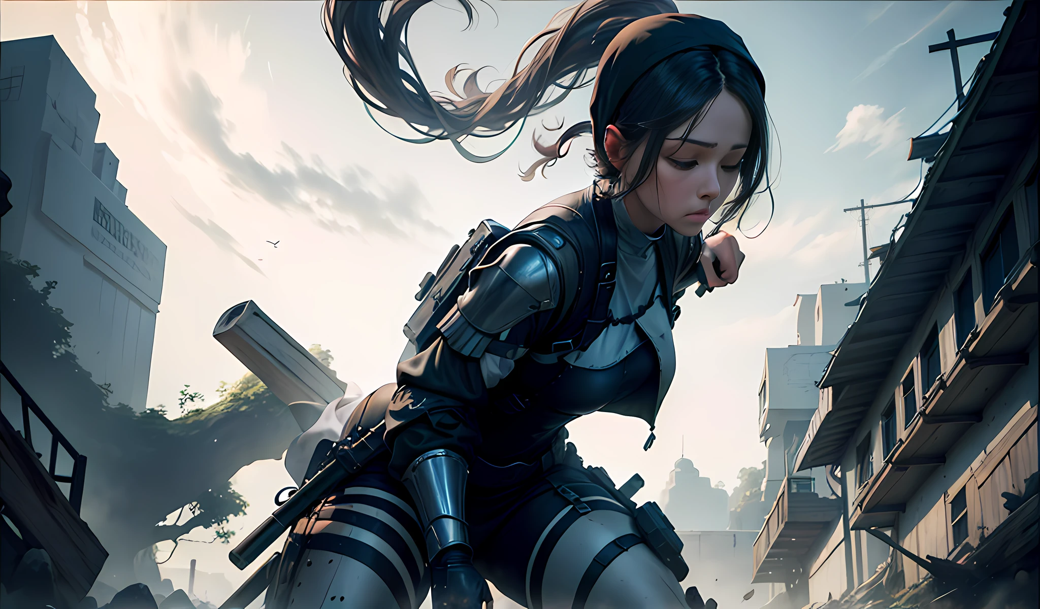 Female, nun, half-closed eyes, blushing, long hair, bulletproof armor, standing, fighting stance