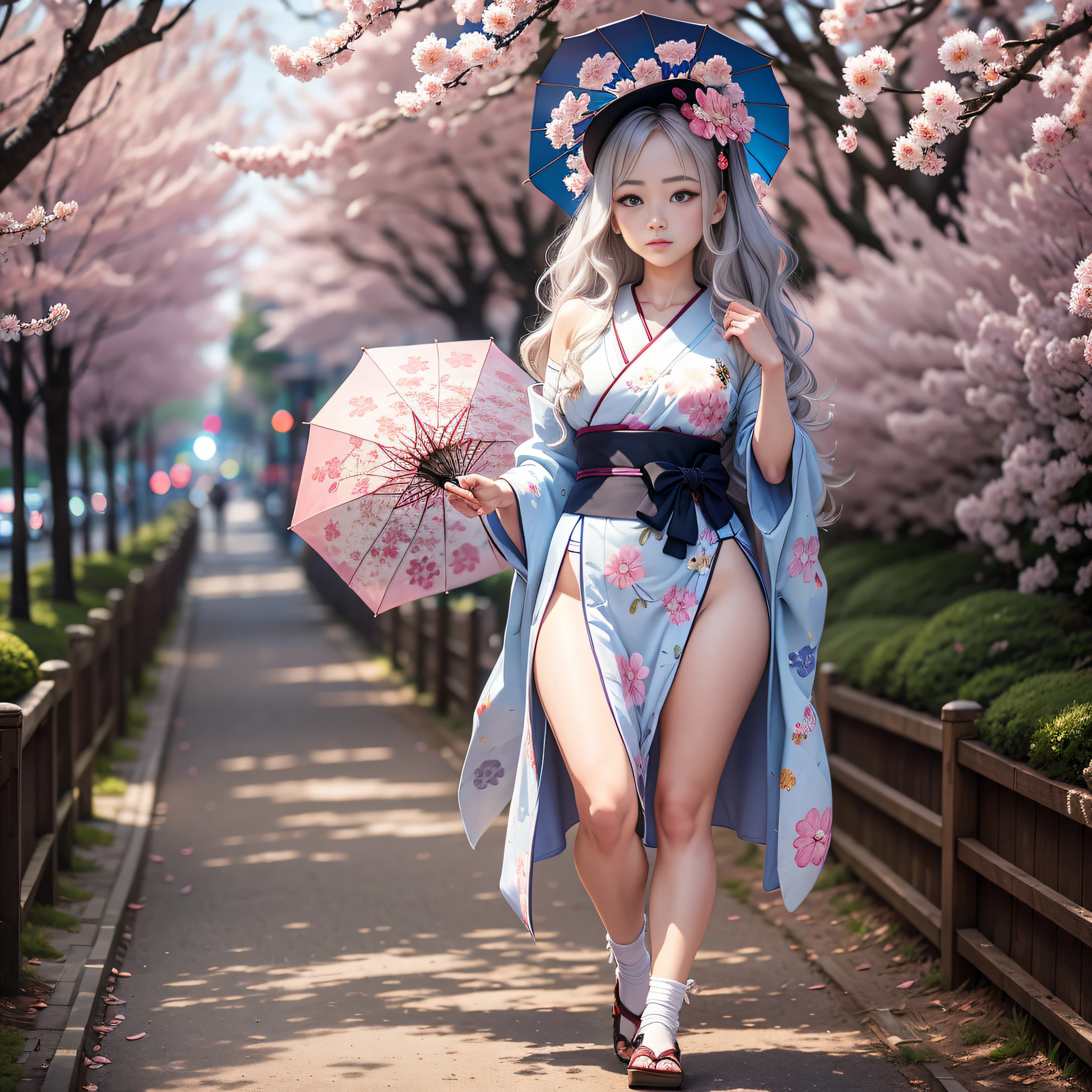 full body,full shot,sfw,beautiful russian girl in the image of a geisha with big bright blue eyes and long fluffy eyelashes Nordic type with a perfect graceful figure and very long and fluffy wavy hair of wheat colour stands in full growth on the avenue on the background of flowering Japanese pink sakura in Japanese kimono and Japanese gete shoes, the girl kimono transparent, through it transpires small with bulging, girl is holding a white sun umbrella, the ground on which the girl is standing is often strewn with sakura petals, the scene is highly artistic, high detail, clear focus, Migjorni V5 style, hyperphotorealism, perfect proportions, golden ratio, Leonardo Davinci style, Jerry Gionis style, backlight, outline, sunlight, soft foreglow, soft focus, Photo Monocle style. - --auto --s2