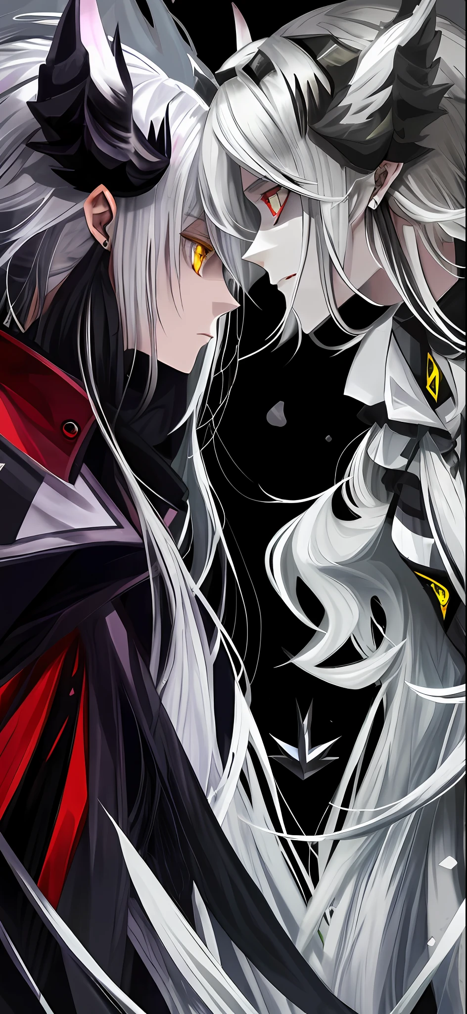 Yellow eyes, silver hair, wolf ear, poker face, facing eachother, 2girls, side view, wallpaper, face focus, opposite colors, red eyes, black hair, demon horns, pointed ears