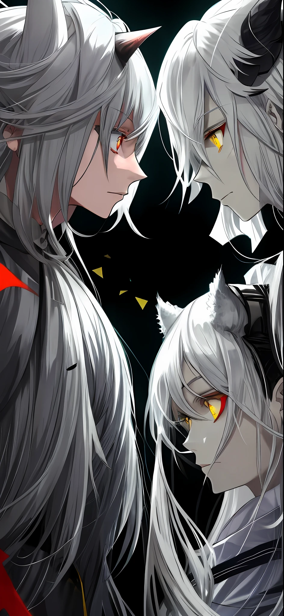 Yellow eyes, silver hair, wolf ear, poker face, facing eachother, 2girls, side view, wallpaper, face focus, opposite colors, red eyes, black hair, demon horns, pointed ears