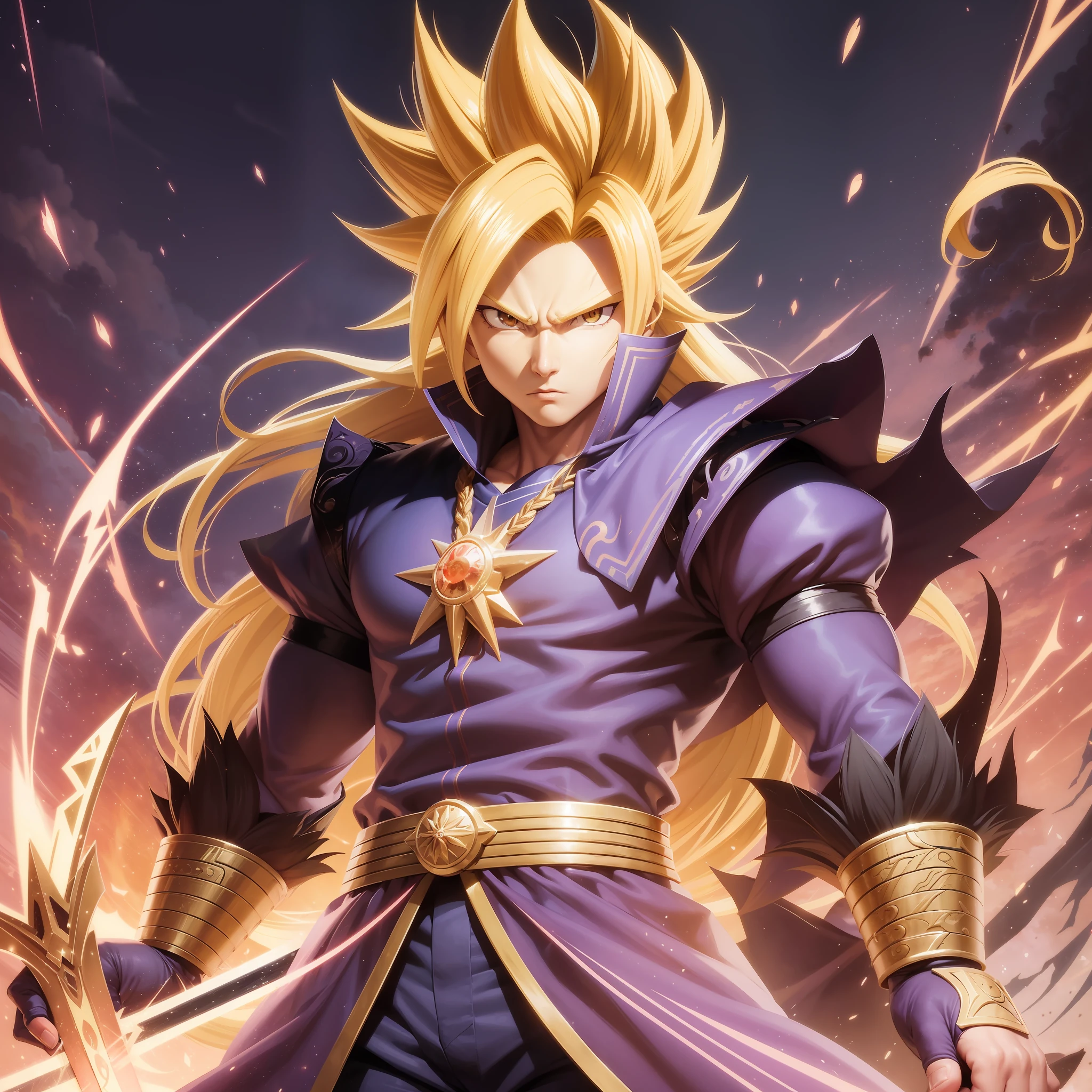 a close up of a person with a sword in their hand, an epic anime of a energy man, super saiyan 3, super sayan, powerful warrior, super saiyan, the god of chaos, super saiyan joe biden, anime tribal boy with long hair, furious god zeus, yugioh artwork, anime epic artwork, full art --auto --s2