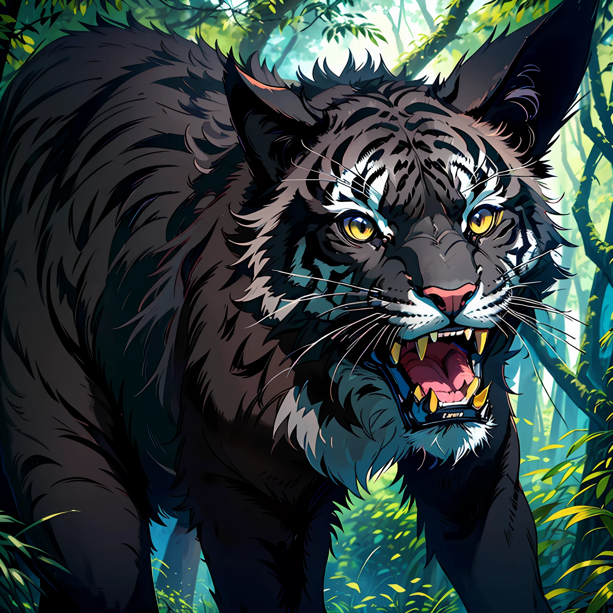 A black tiger, open its mouth, showing its fangs, tall and powerful, strong limbs, mighty and domineering, forest, full body photo, (with all black fur and delicate skin