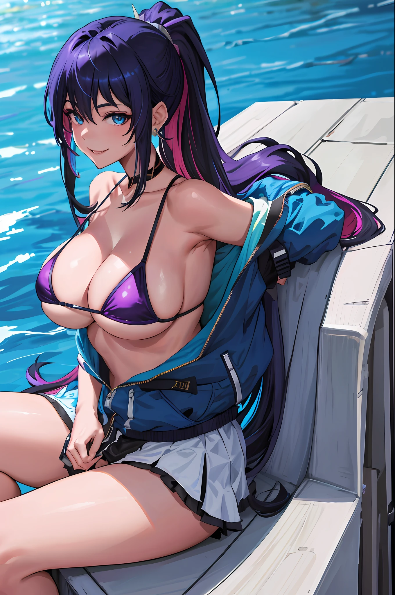 masterpiece, best quality, highres, Kai'sa1, 1girl, solo, blue black hair, k/da \(league of legends\), very long hair, multicolored hair, ponytail, blue eyes, earrings, two-tone hair, large breasts, poolside, micro bikini, smile, sitting