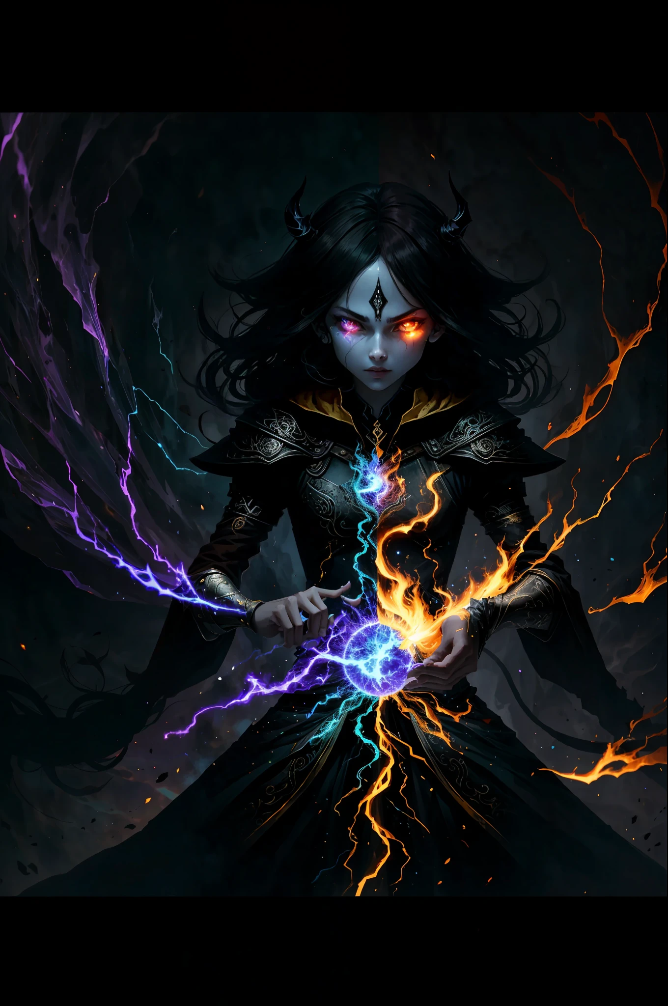 A demon witch casting fire spells, beautiful, very detailed, surreal, cinematic lighting, dark, space background, soft cinematic lighting, (backlight: 1.2), (flare: 1.2), (flash: 1.1), (chromatic aberration: 1.2), clear focus, high contrast, V0id3nergy magic aura, V0id3 energy battle mage, V0id3 nergy cute hollow