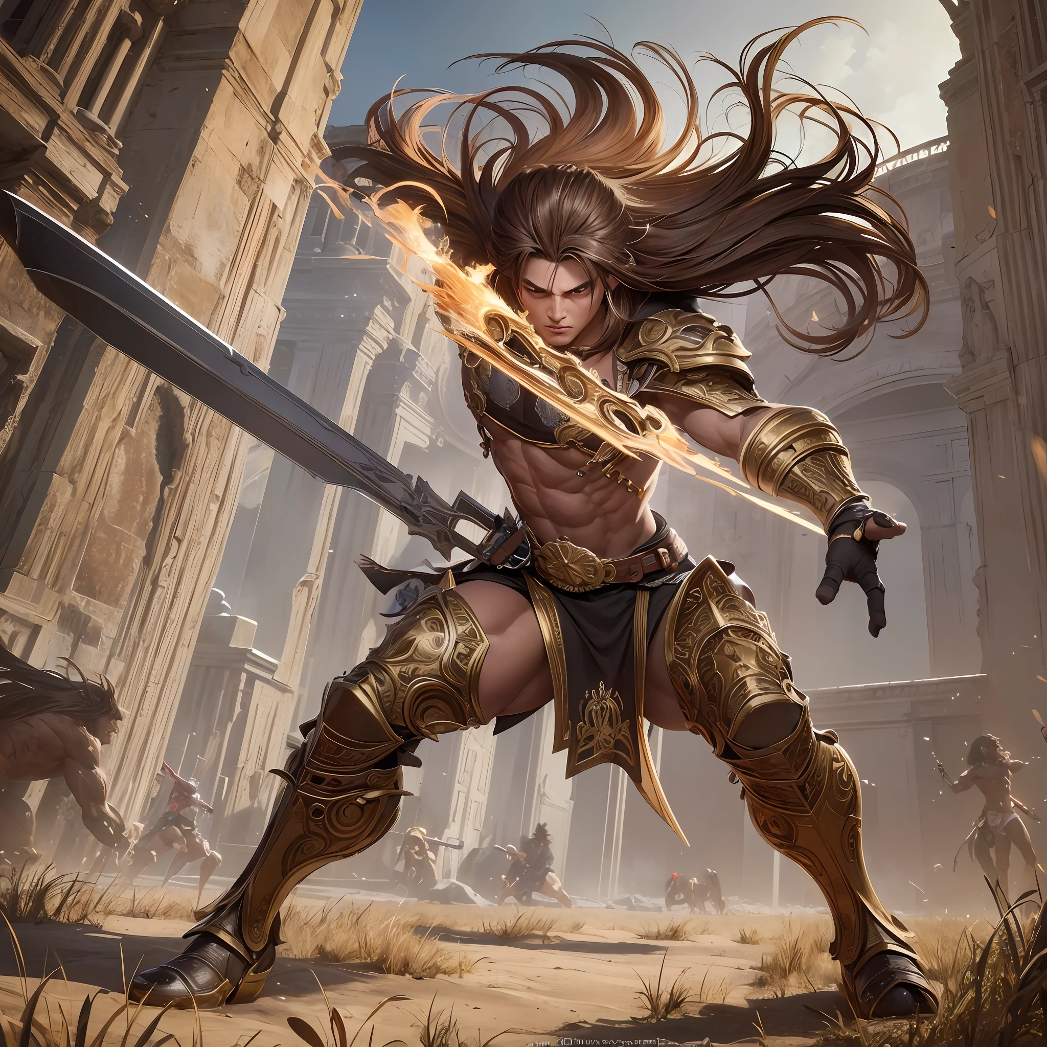 masterpiece, highest quality, solo focus, (perfect face:1.1) , (high detail:1.1), (dramatic, 1.5), (long brown hair:1.3) action shot, strong legs, 1 muscular male, wearing red loincloth:1.3, gold jewelry:1.3, long brown hair:1.3, holding long sword 1.2), (in open plains, daytime, bright light:1.3), young men, battle stance, hyper detailed, digital art, studio quality, smooth render, unreal engine 5 render, octane render, 8K