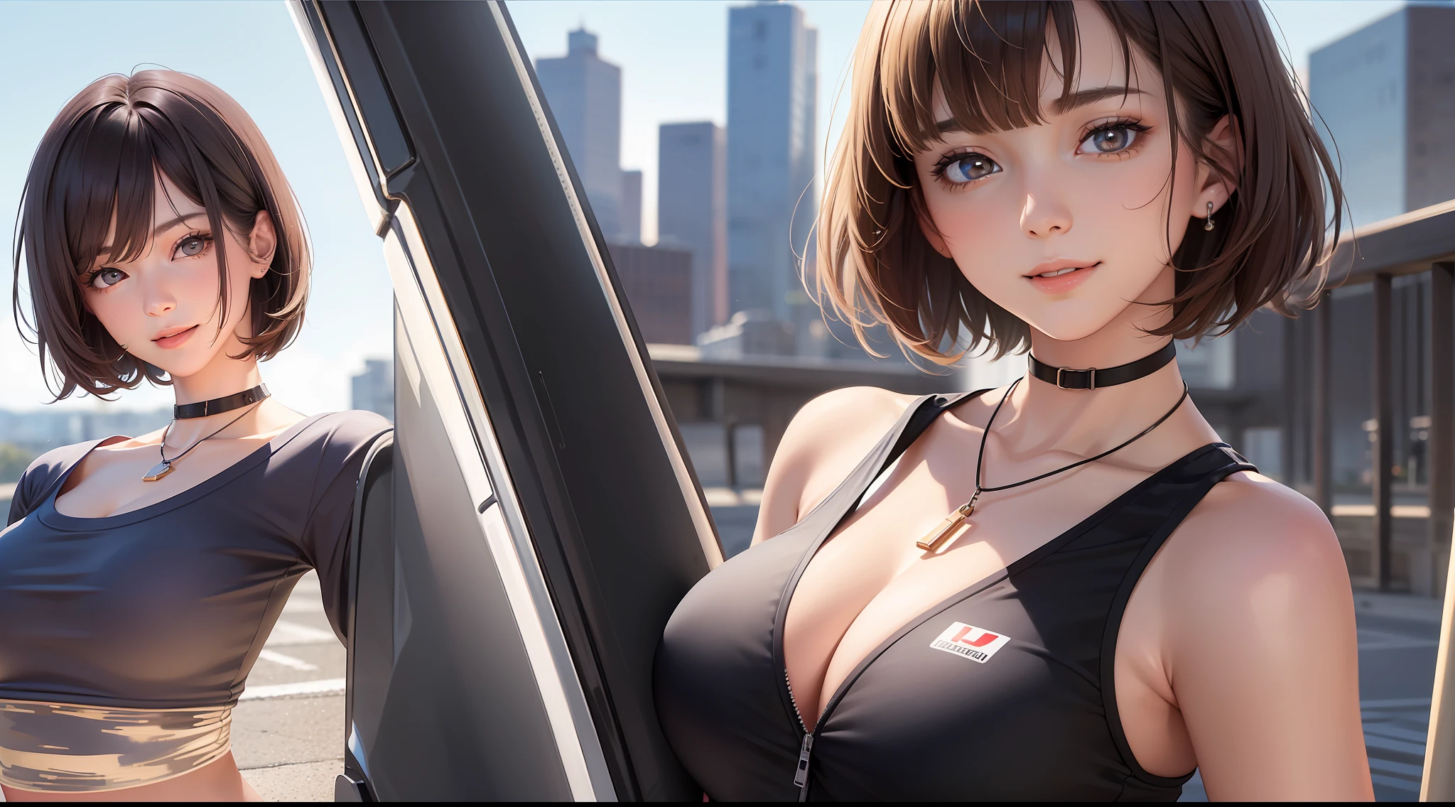 (Original photo: 1.2), (Realistic: 1.4), (Masterpiece: 1.3), (Best quality: 1.4), Ultra High Resolution,
HD, 8K resolution,
dream
Check comments, comment requests, landscapes, ((no text)),
Solo focus, (whole body),
(detailed eyes), (detailed facial features), (detailed clothing features),
Tight skin, (shiny skin), (slim girl), (slim girl),
(1 girl, solo), happy, smile, (full breasts), bangs, bob hair, short hair, brown hair, brown eyes, black necklace,
College students, female students, white high school tracksuits, red sports shorts, sneakers,