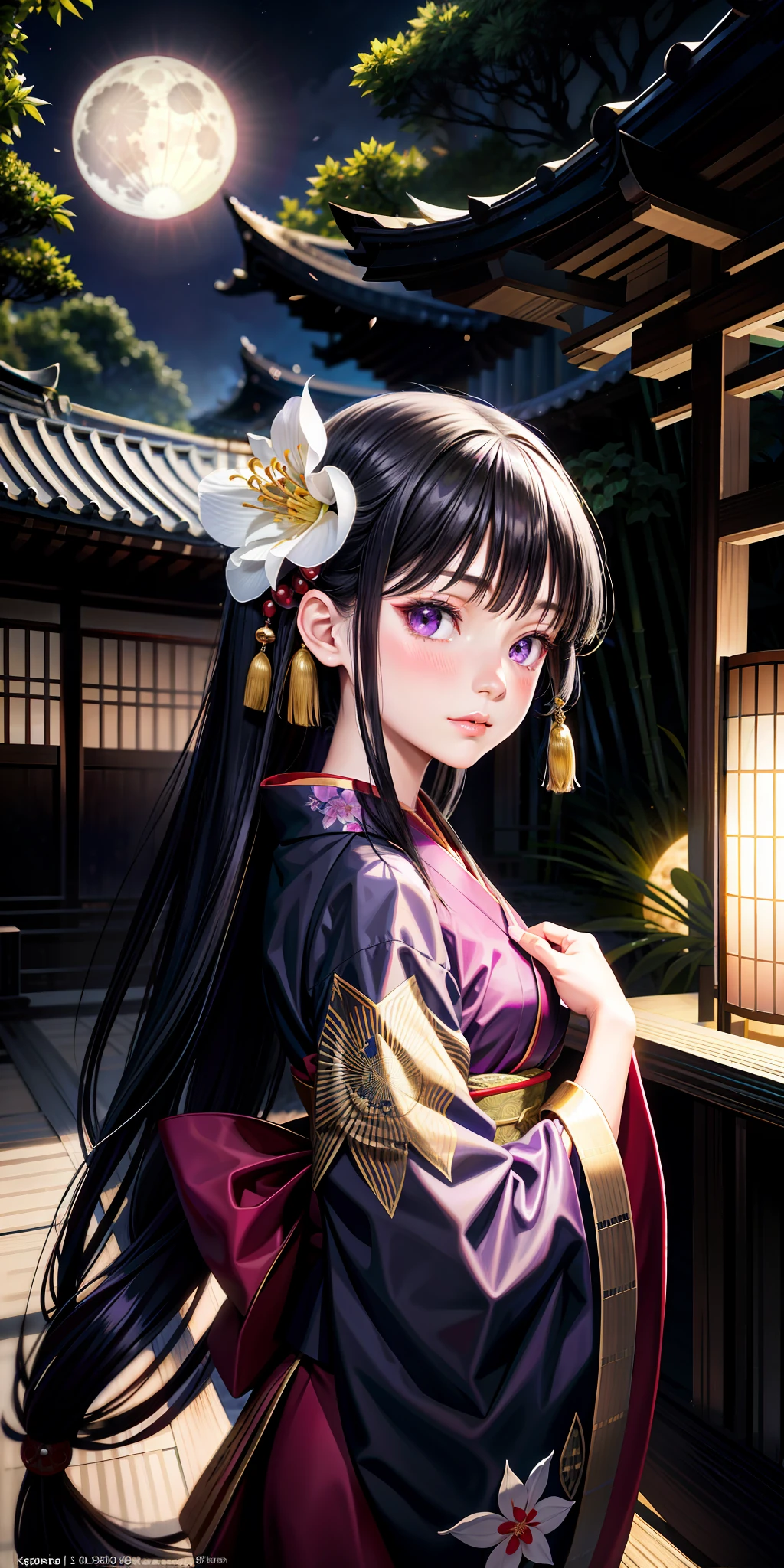 realistic, Kaguya-hime, girl alone, black hair, purple eyes, shining eyes, kimono, parted lips, blush, night, flower, moonlight, full moon, bamboo forest, mansion, dynamic pose