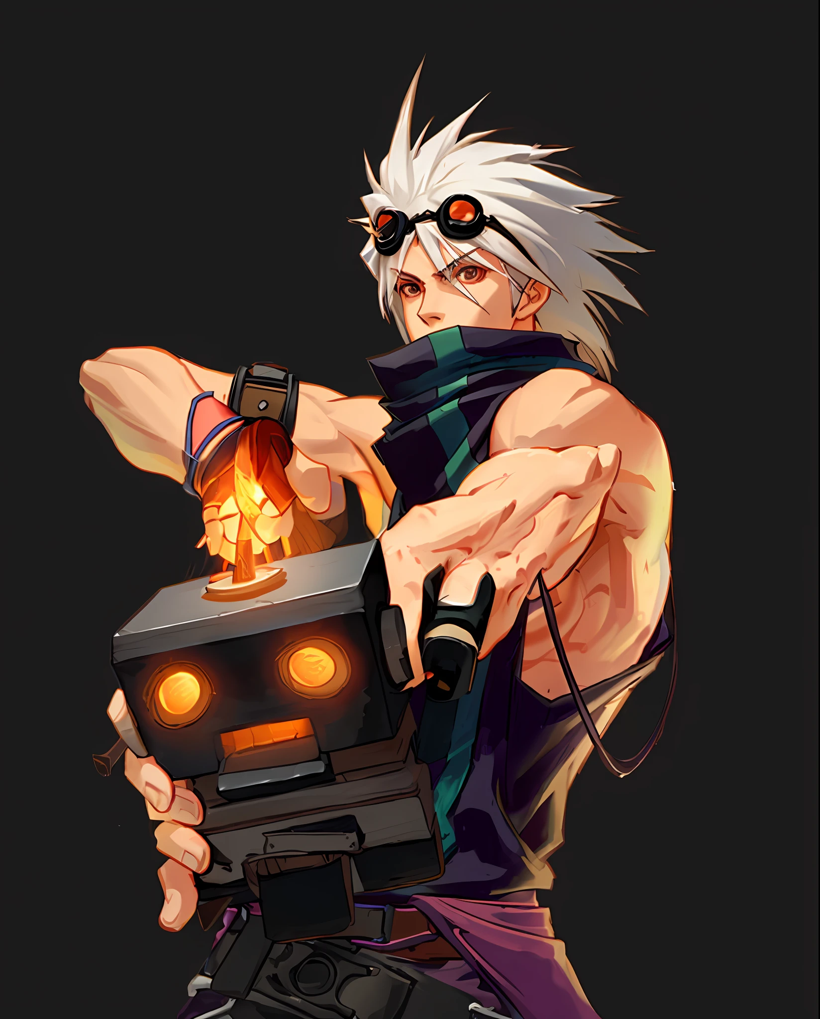("Dungeon Fighter Online", "DFO", "Gunner") | dynamic action | close-up high resolution | rejuvenate character, appearance of 14 years, please create a background with machines and scraps around | 2D art |