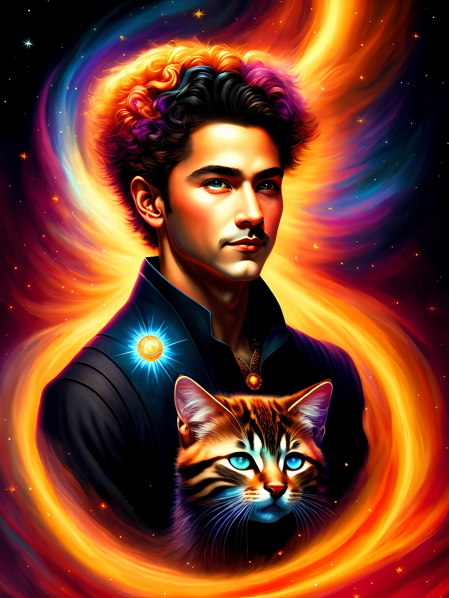 A painting of a handsome uncle with a colorful big head on a black background, breathtaking rendering, inside a radiant connection, inspired by Kinuko Y. Craft,,Magical Elements,Kitten Icons,Wow,It's Beautiful,Cast Colorful Spells,Bright Flash,Flash