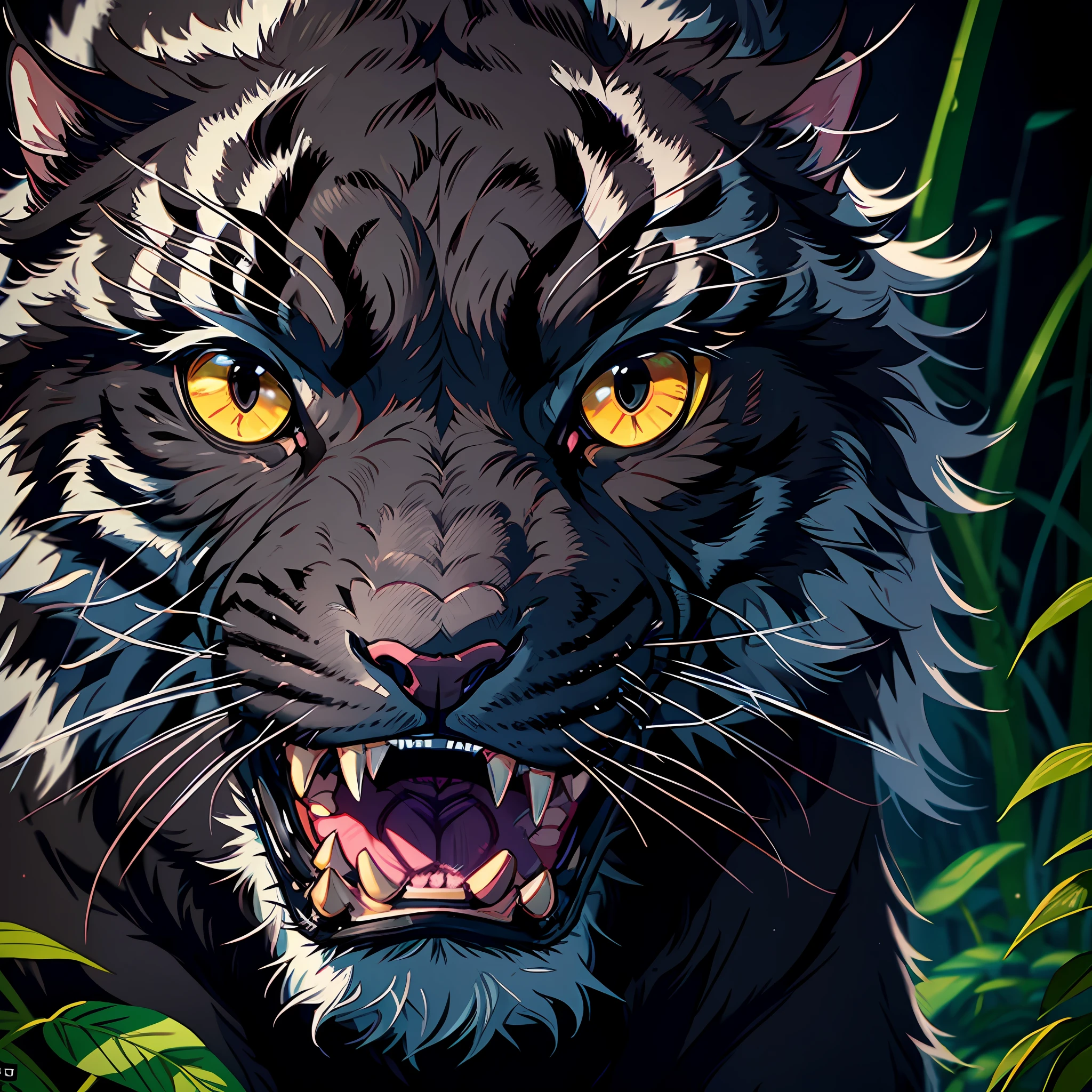 A black tiger, open its mouth, showing its fangs, tall and powerful, strong limbs, mighty and domineering, forest, full body photo, (with all black fur and delicate skin