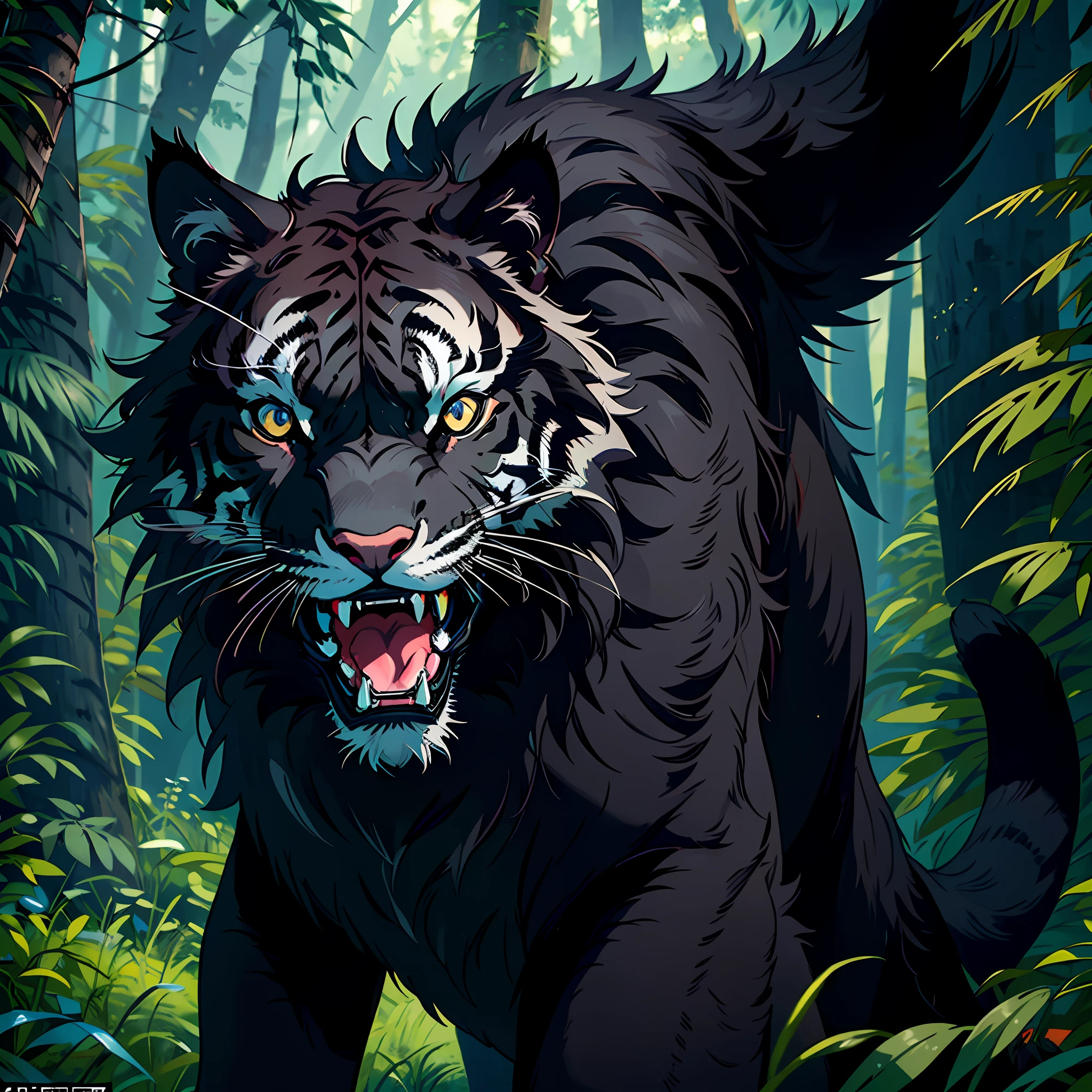 A black tiger, open its mouth, showing its fangs, tall and powerful, strong limbs, mighty and domineering, forest, full body photo, (with all black fur and delicate skin