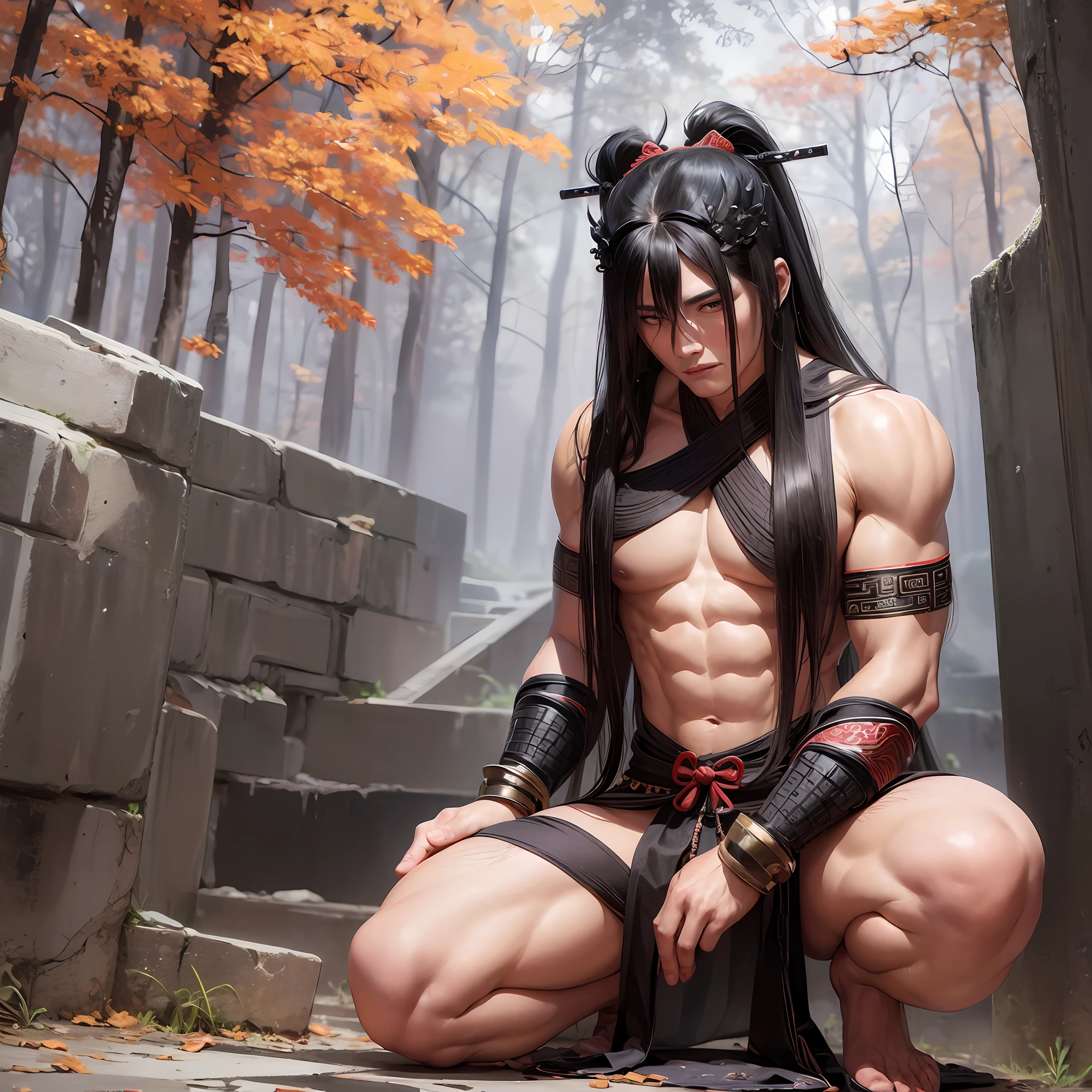 Realistic,Hot muscular Male concubine in the Han dynasty on his knees with legs spread apart, wearing ancient revealing Chinese dress with long hair and masculine features.Battle scars and huge out