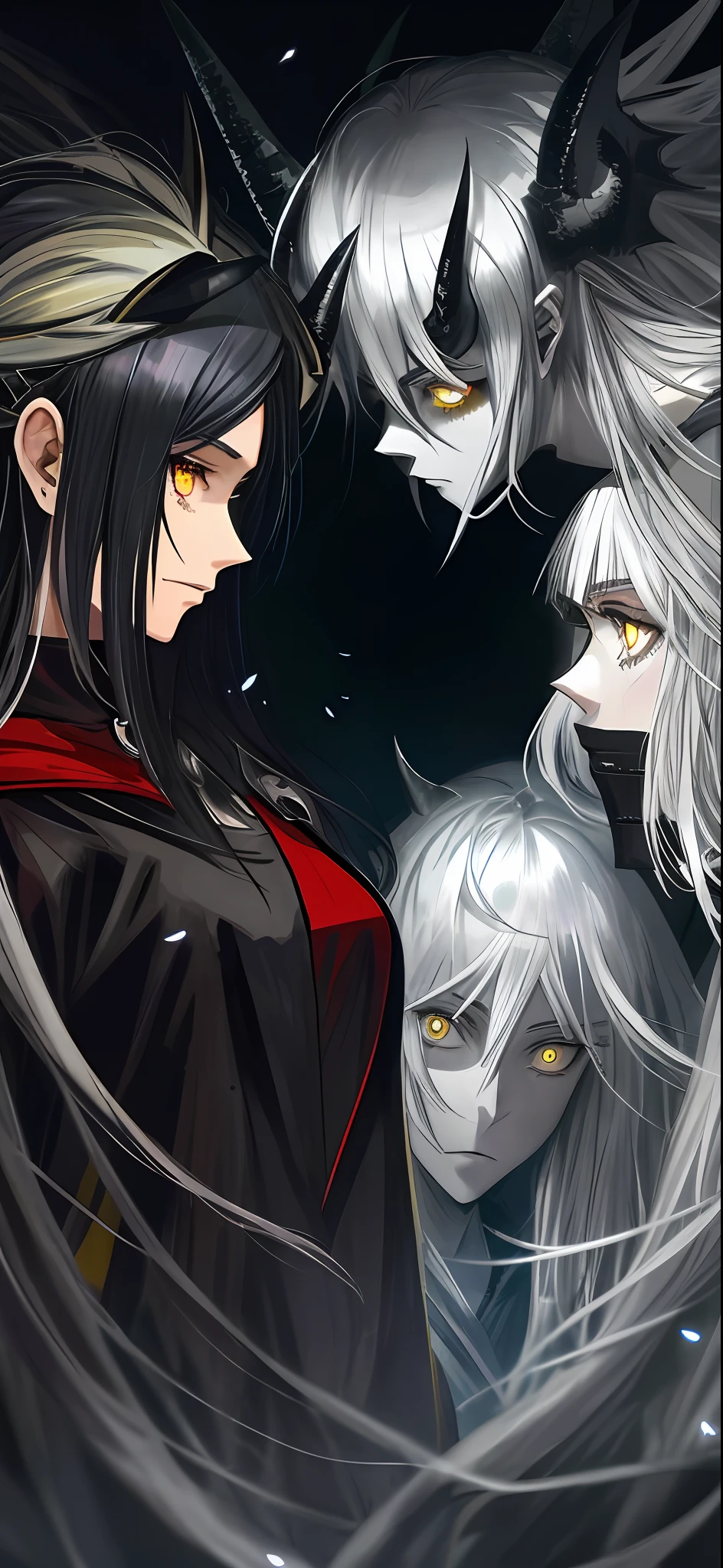 Yellow eyes, silver hair, wolf ear, poker face, facing eachother, 2girls, side view, wallpaper, face focus, opposite colors, red eyes, black hair, demon horns, pointed ears, eyes focused on viewer, knights fighting demons background