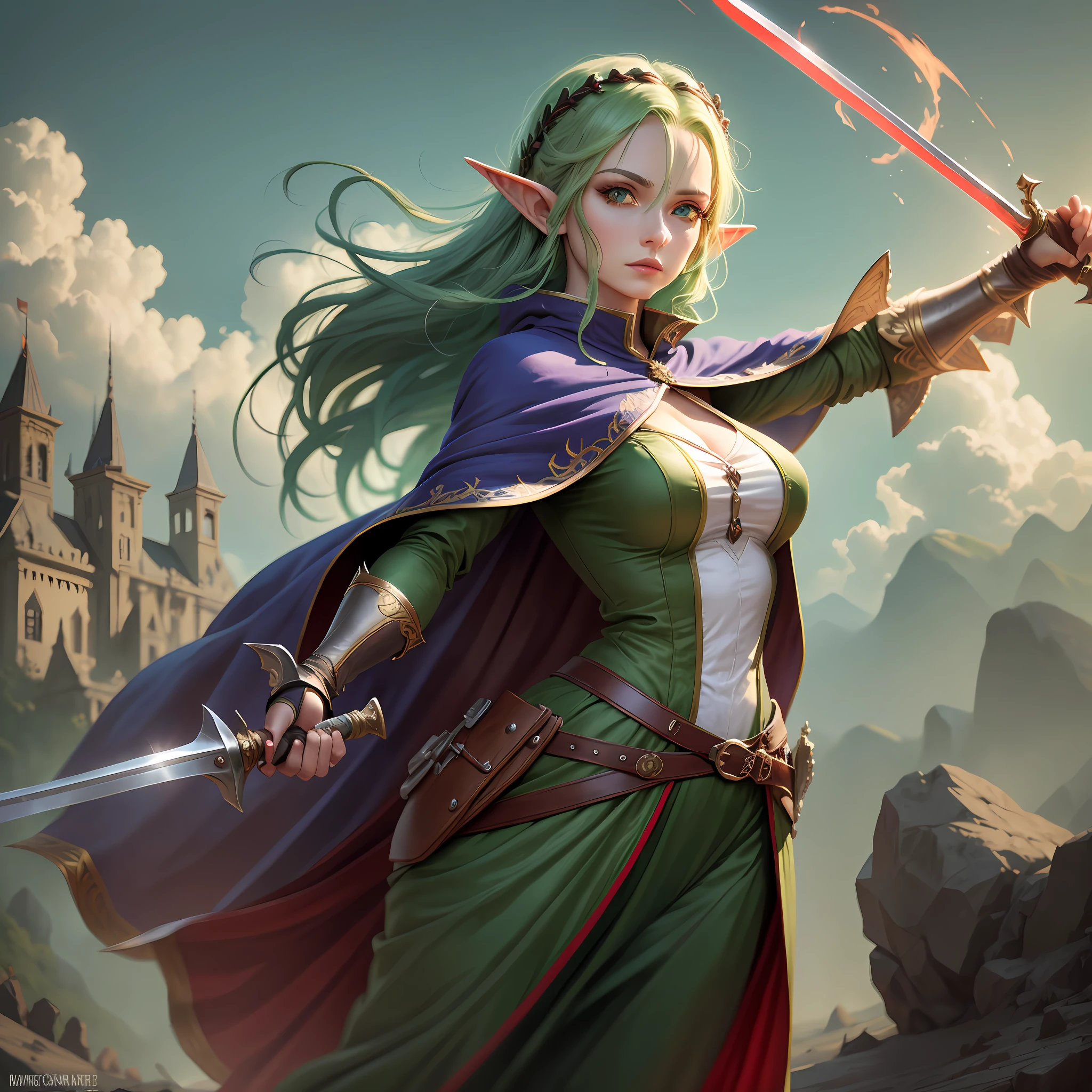 Elf, woman, medieval clothes, dynamic pose, green hair, red eyes, long clothes, solo, holding a sword, red eye