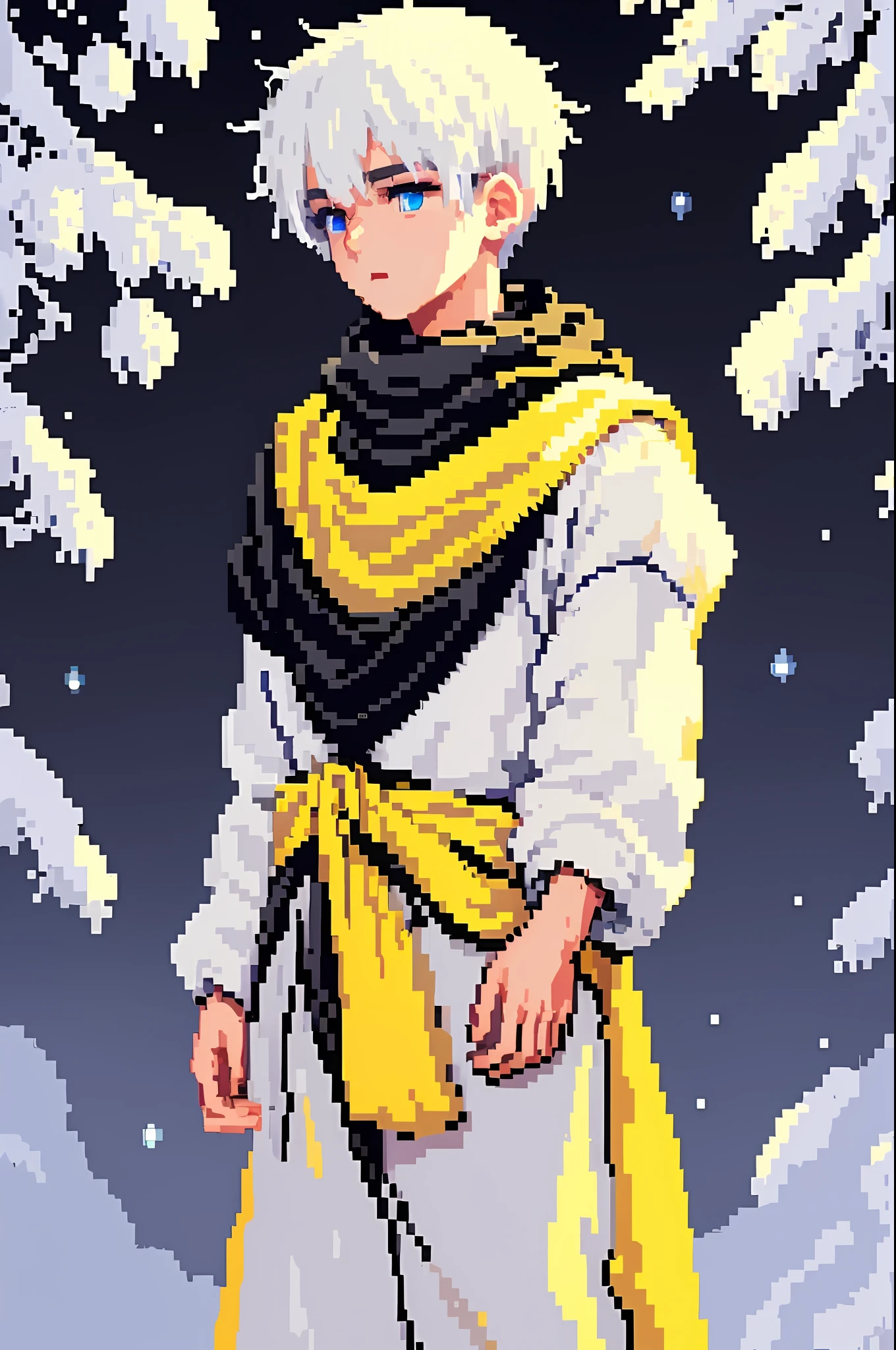 ((pixelart)) (pixelart:1.2), 1 boy, young, white-haired, wearing short straight horizontal bangs, soft yellow eyes, wearing black, white and blue clothes, which convey serenity and winter tranquility
single background, black background, portrait
blusher