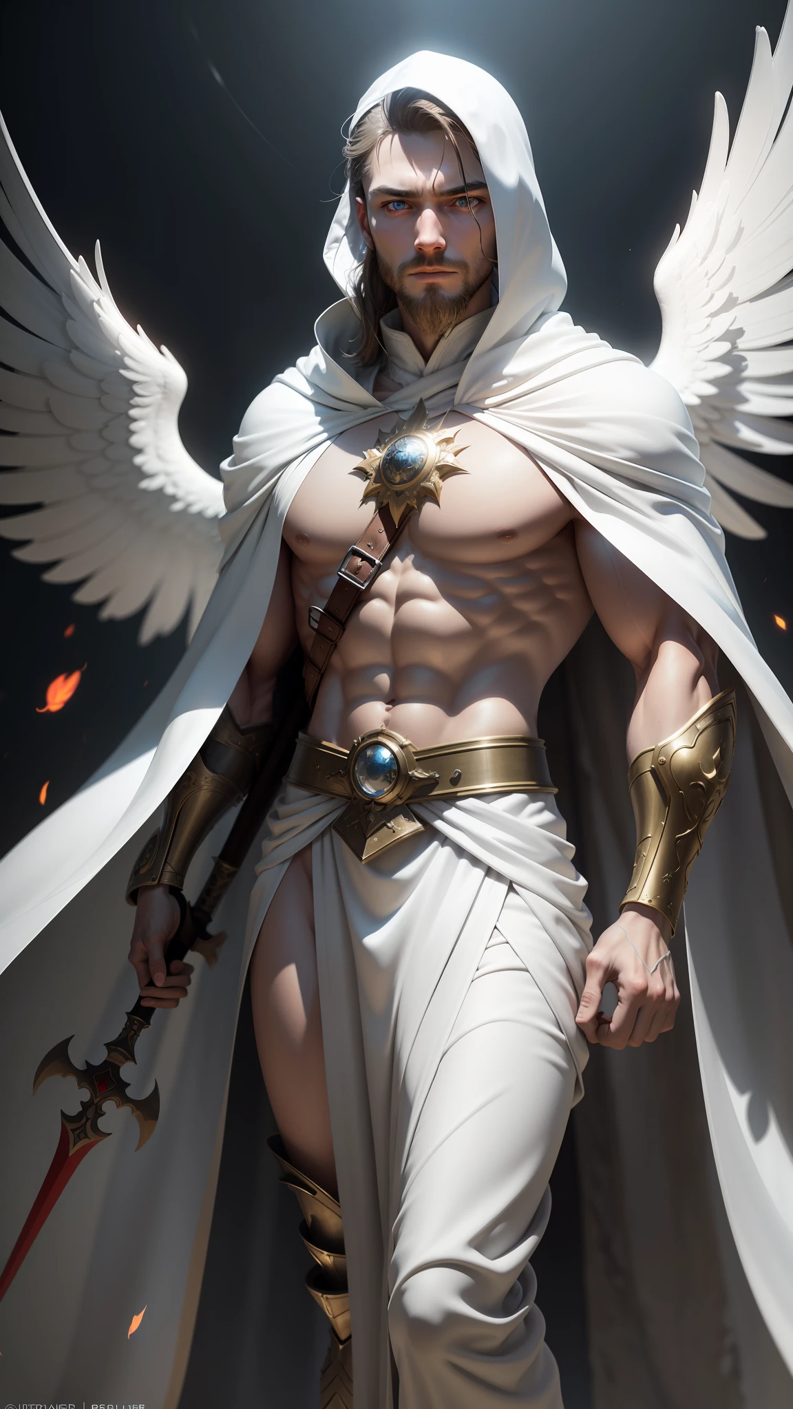 a male angel, with beams of light enveloping his body,( 1 soft white cloak made of grass), in his left hand a sword(medieval with fine lettering on the IRN handle), left hand one((White cloak covered with a red liquid)), his feather wings are open, a golden halo over his head, muscular, beard, masculine, masterpiece, best quality, intricate detail, absurd, high detail RAW color photo, highly detailed, rough lighting, cinematic lighting, detailed eyes, distinct pupils, contrast, textured skin, cold skin pores, hard light, gigapixel, flawless face, 8k resolution, beautiful, cinematic, elegant, hyperrealistic, octane rendering, unreal, high definition, 8k uhd, professional lighting, photon mapping, radiosity, physics-based rendering, perfect face, Detailed face and body, award-winning photography, detailed face, backlight, ultra-realistic, ray tracing, intense gaze, cinematic lighting