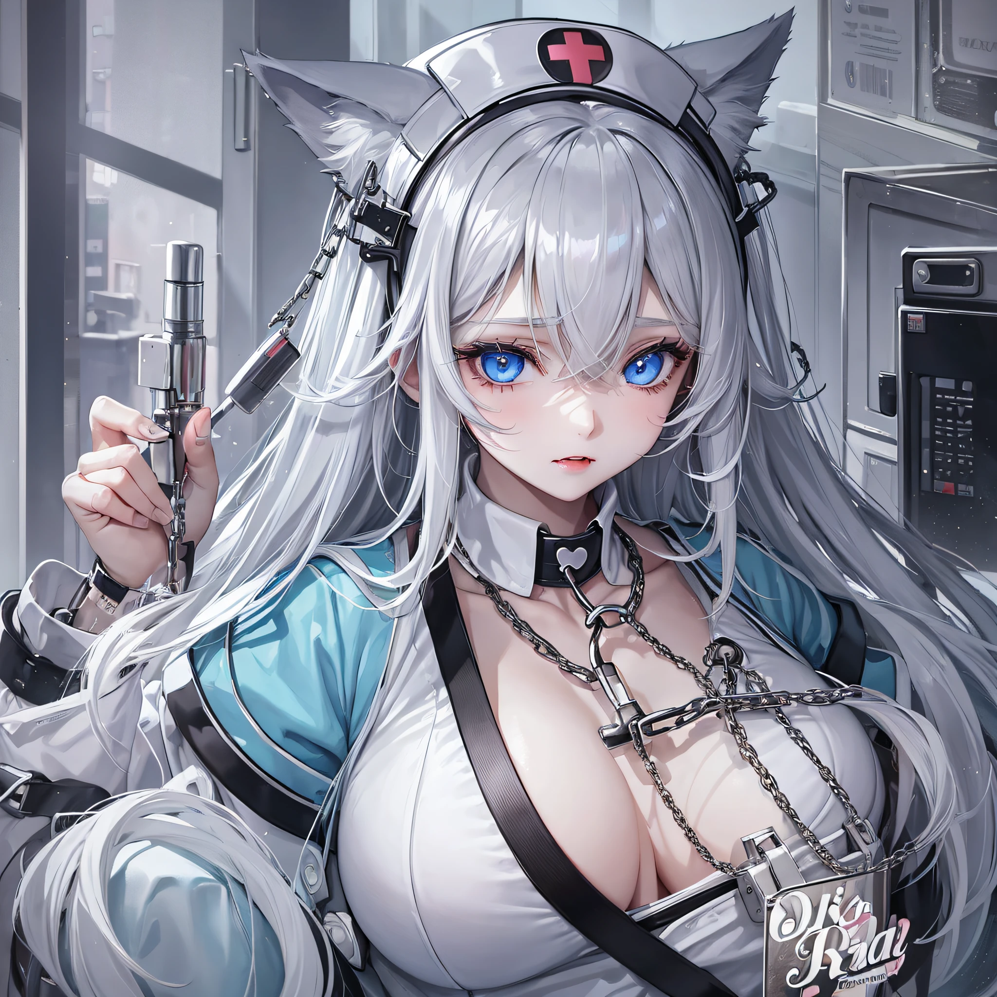 1 girl, big, nurse, syringe, chain, long gray hair, pale skin, heart-shaped light blue eyes, fangs, cat ears --auto --s2