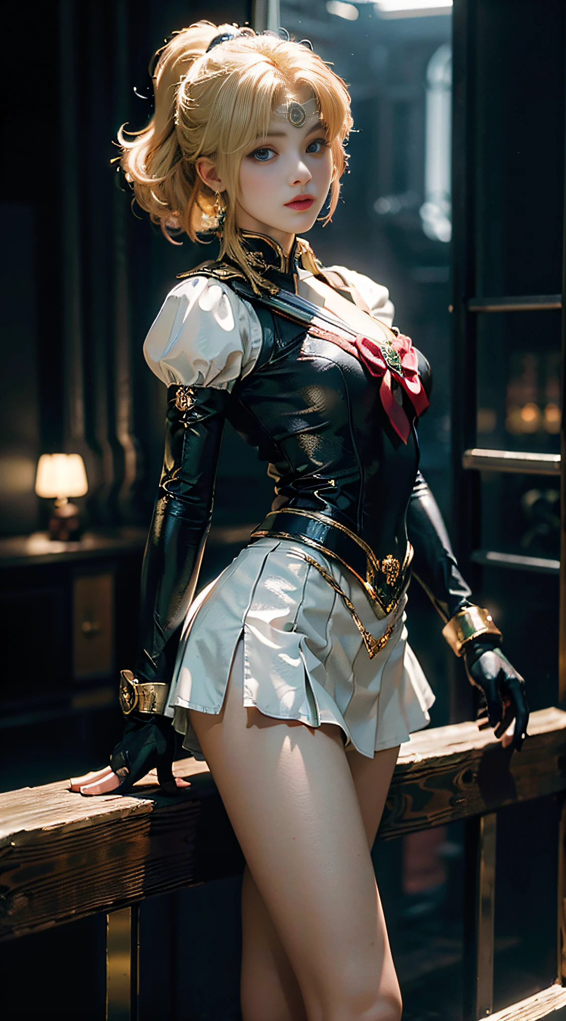 (CG Unity 8K wallpaper with extreme detail, masterpiece, highest quality), (exquisite lighting and shadow, highly dramatic picture, cinematic lens effect), (Sailor Moon: 1.1), double tails, blue eyes, blonde hair, tight top, white gloves, mini skirt, dynamic pose), space station in the background (excellent detail, excellent lighting, wide angle), (excellent rendering, enough to stand out in its class),