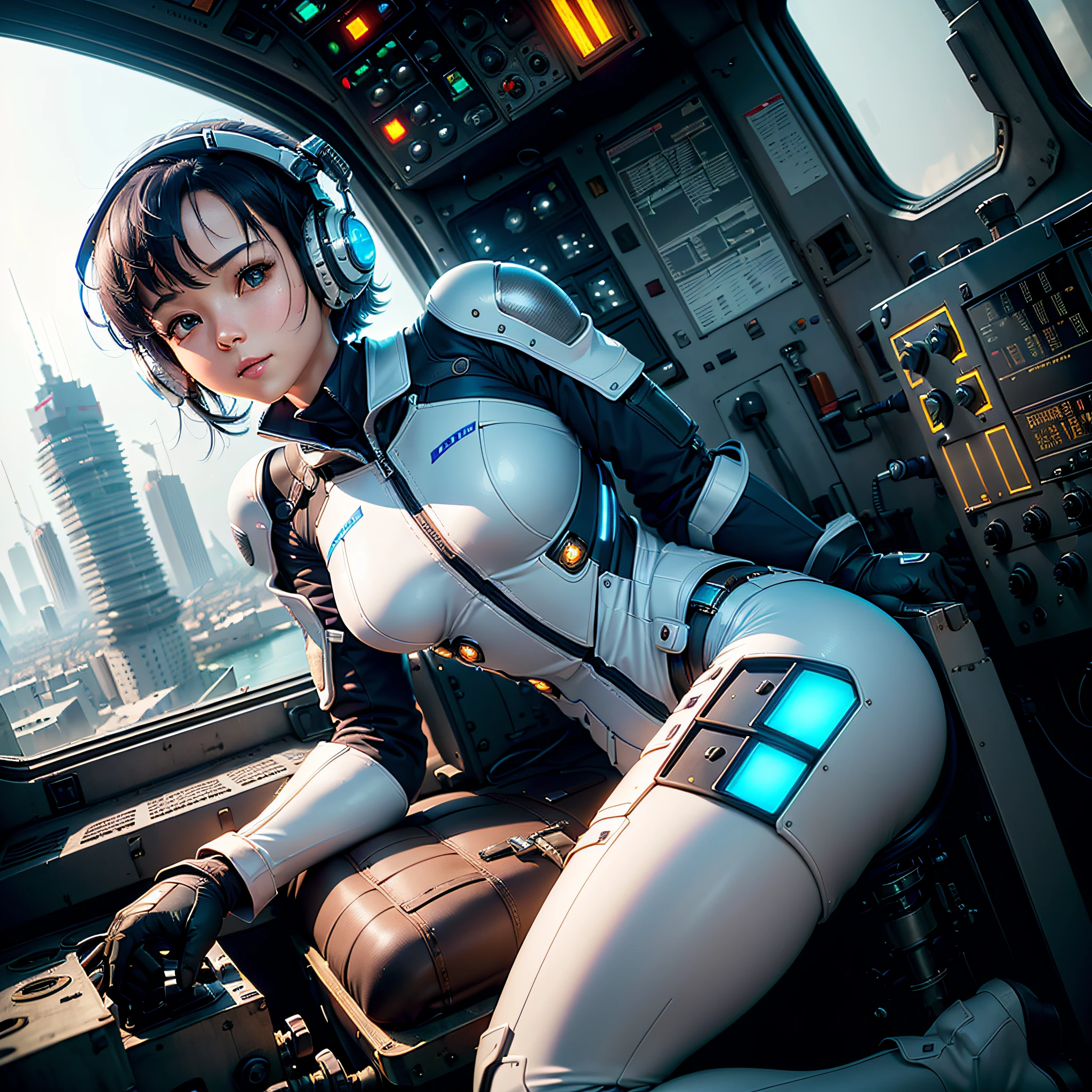 (masterpiece, highest quality, highest resolution, distinct_image, very elaborate CG, cinematic lighting, ray tracing, drop shadows, detailed detail, (photorealistic: 1.4), high quality textures, fine-grained, realistic face expression): (lone girl, face is Japan, short blue hair, small size breasts, sparkling eyes, Eye level shots, white and blue color flight suits, tight fit clothes, full-body covering clothes, light smile, beauty, slim body, exoskeleton, heroine, headset, long boots, gloves, riding and piloting a robot leaning forward, control panel, tools, safety devices, radar displays, touch panels, various indicators, cockpit, levers, computer keyboard, Warning light, fuel gauge, pressure gauge, control tower outside the window, robot cockpit, large lever, foot access pedal, brake pedal, thick manual)